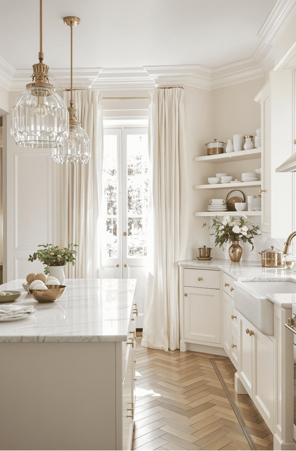 a large kitchen with a center island and a chandelier