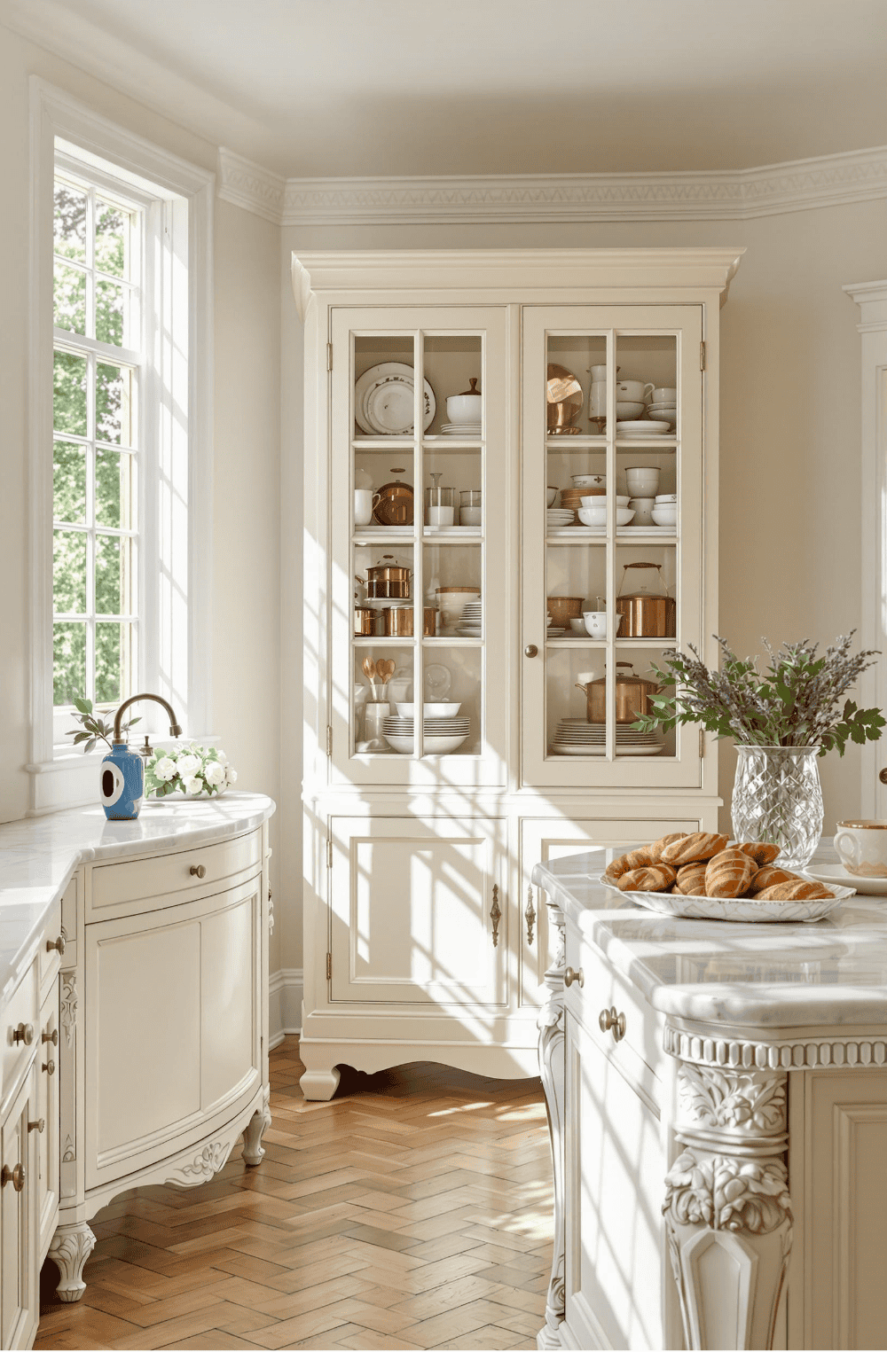 a kitchen with white cabinets and wooden floors