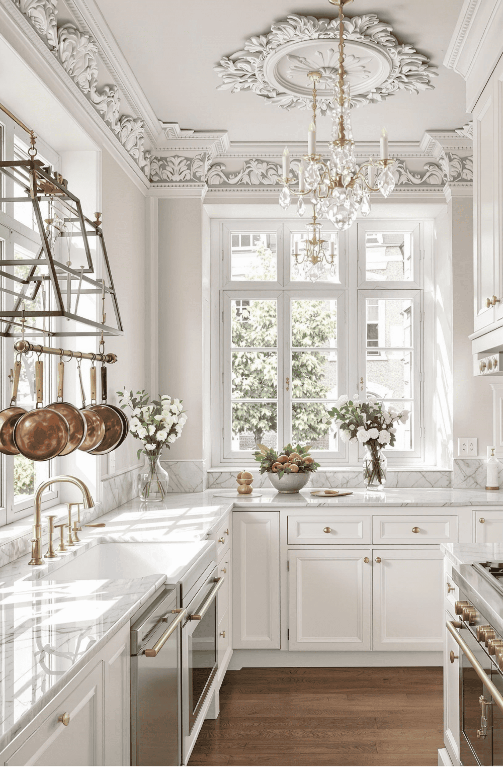 a kitchen with white cabinets and a chandelier