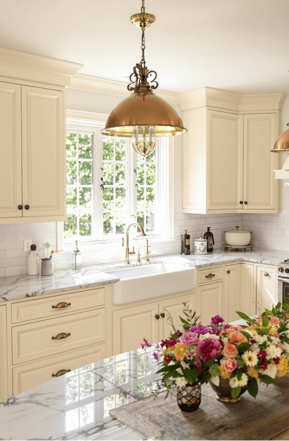 a kitchen with a marble counter top and white cabinets