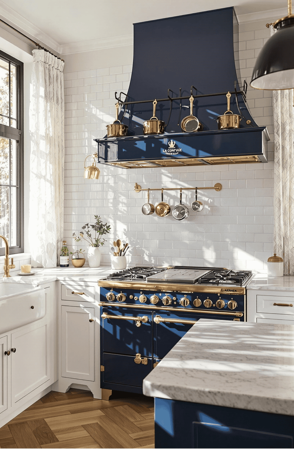 a kitchen with a blue stove top oven