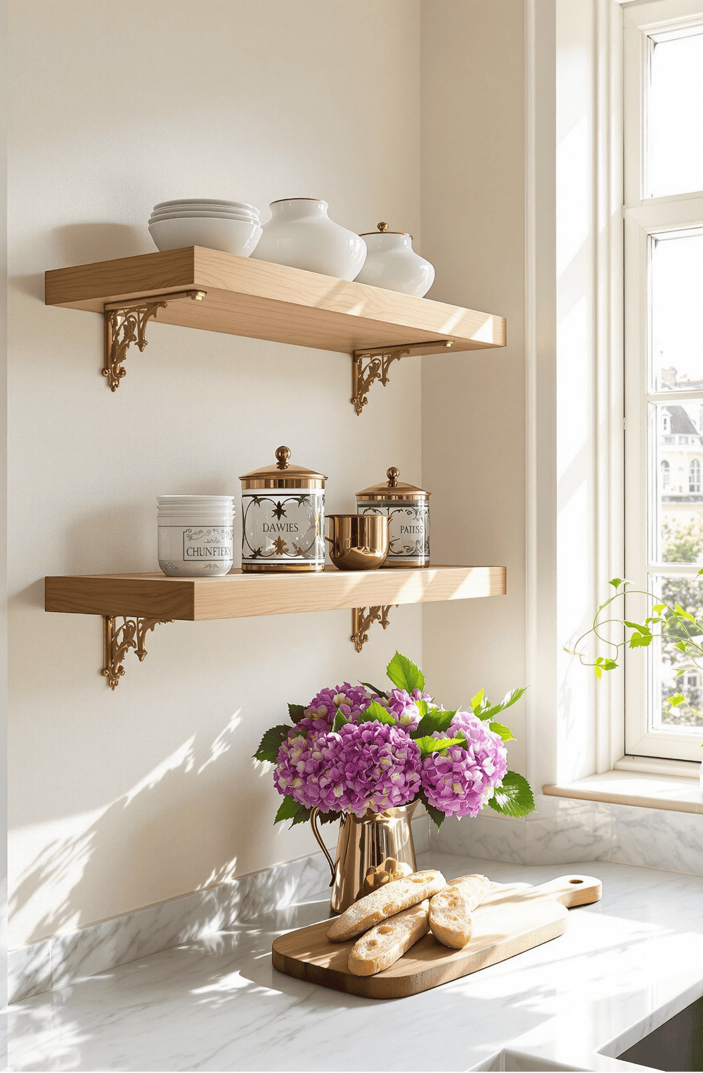 a vase of flowers sitting on top of a wooden shelf