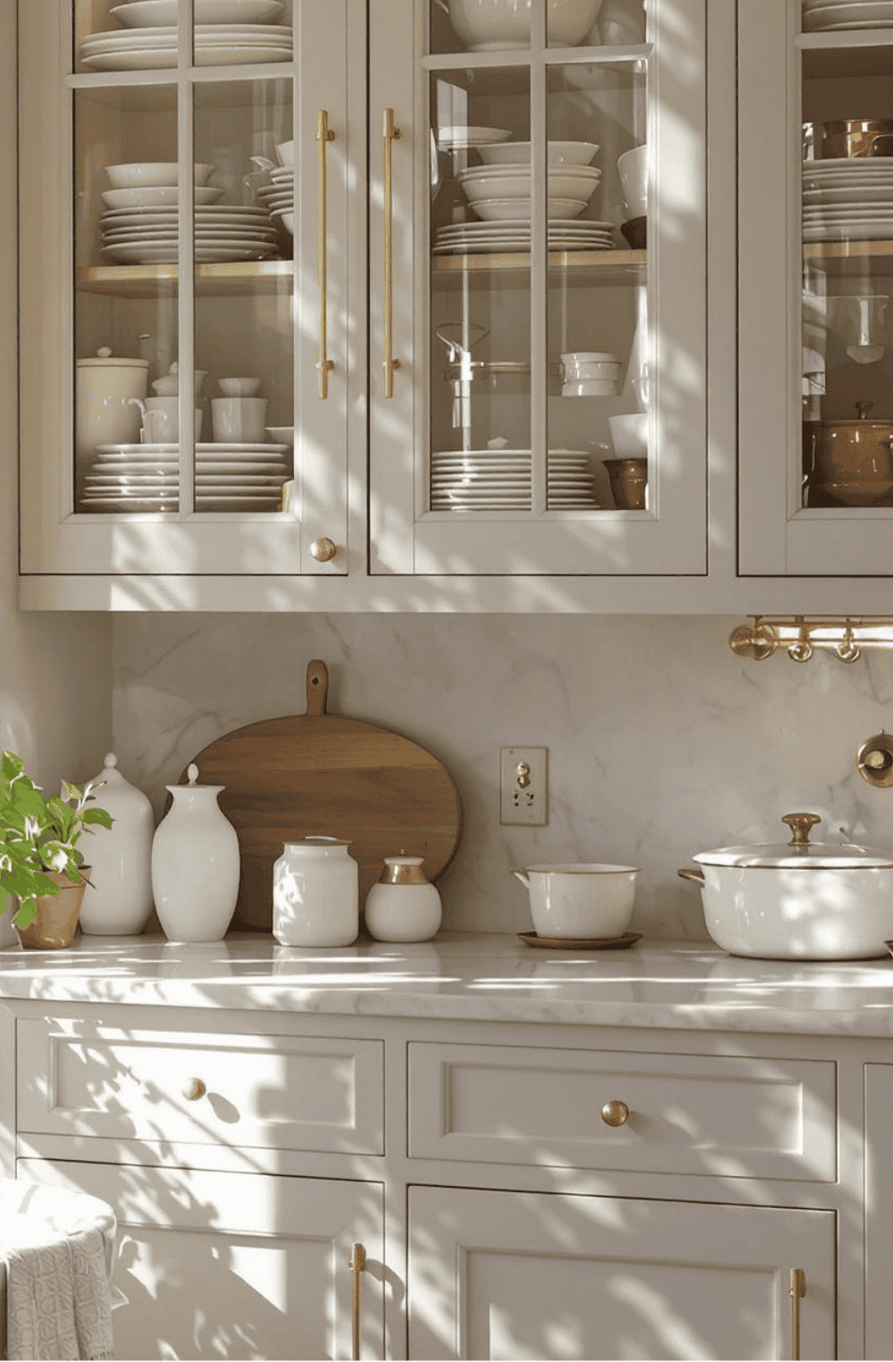 a kitchen with white cabinets and a wooden cutting board