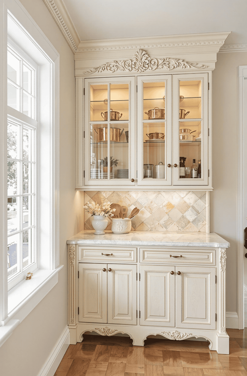 a kitchen with white cabinets and wood floors