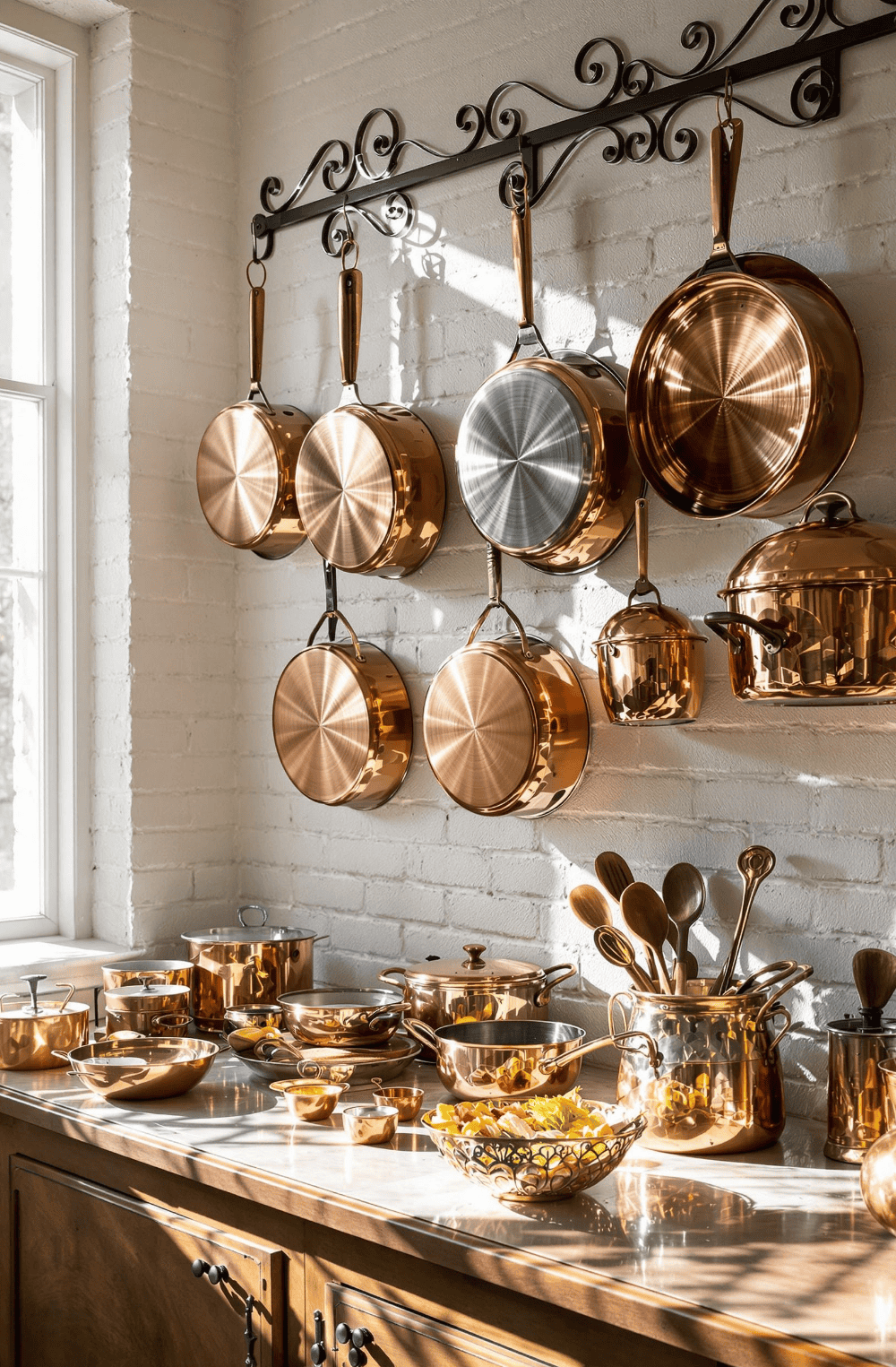 a bunch of pots and pans hanging on a wall