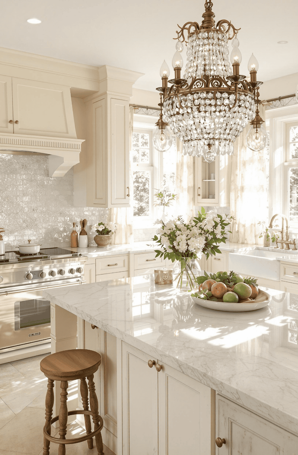a chandelier hangs above a bowl of fruit on a kitchen island