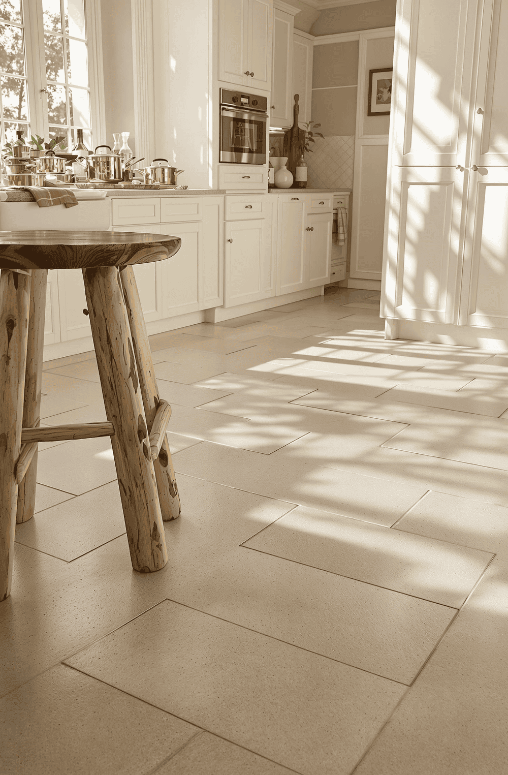 a kitchen with a wooden table in the middle of it