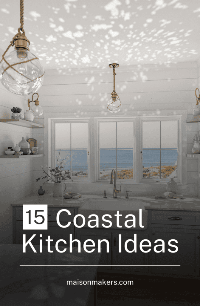 a kitchen with a large window and a view of the ocean