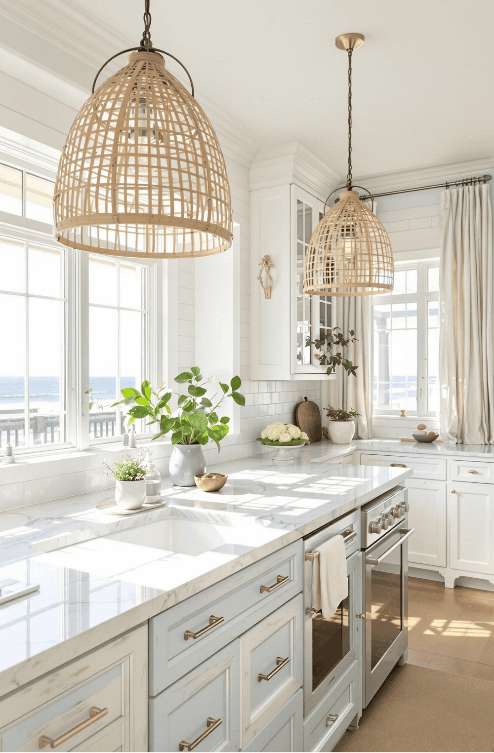 a white kitchen with a large island and two hanging lights