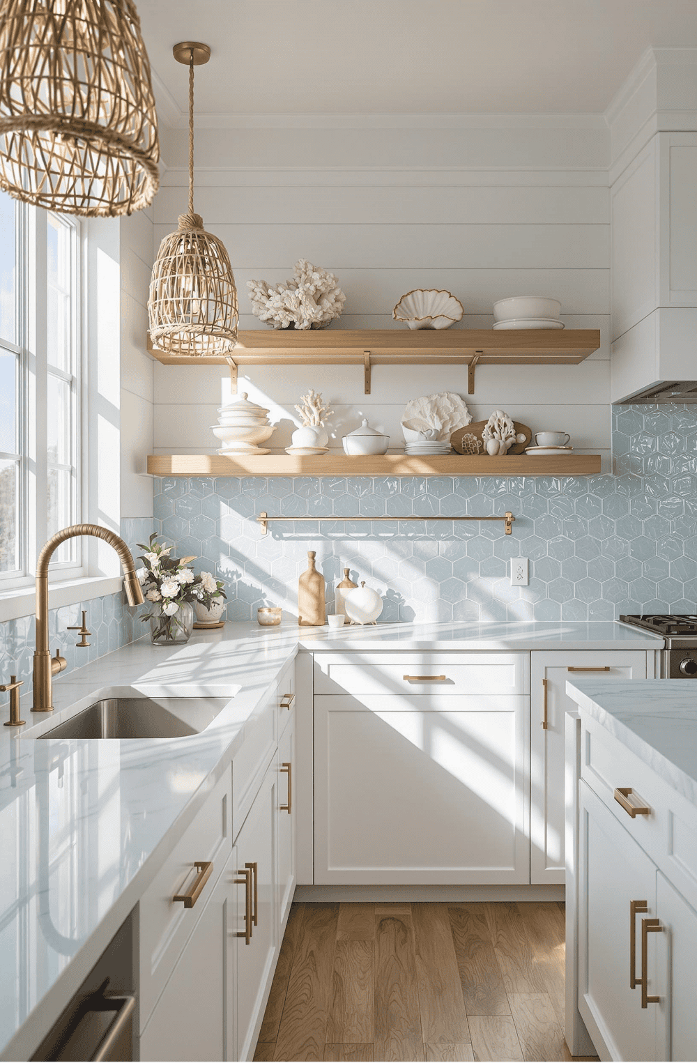 a kitchen with white cabinets and open shelves