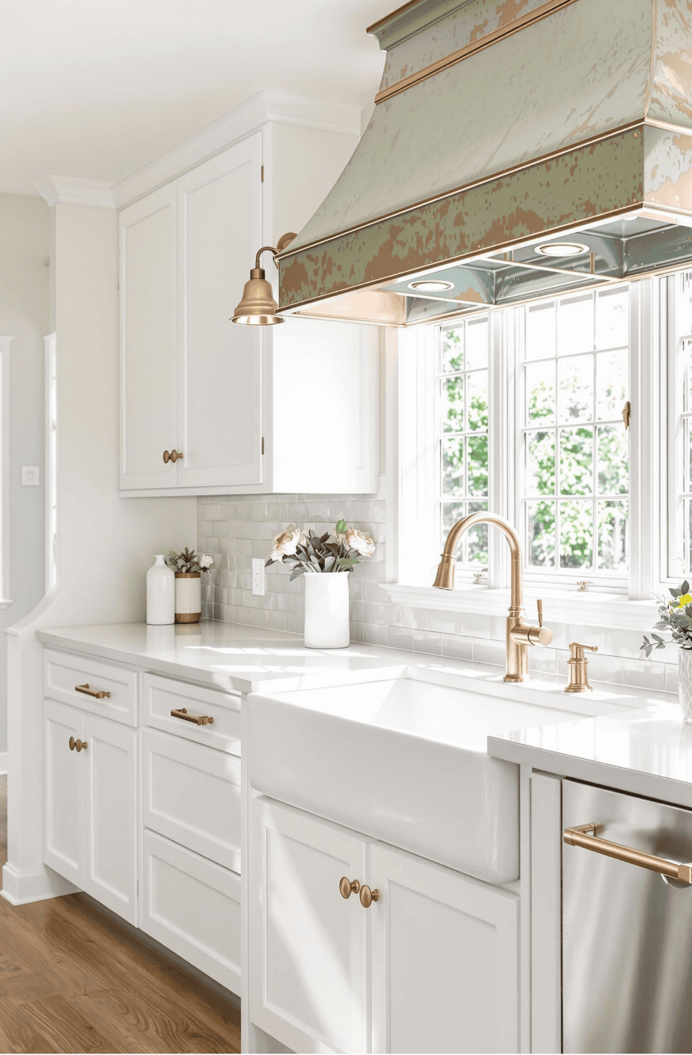 a kitchen with white cabinets and a gold faucet