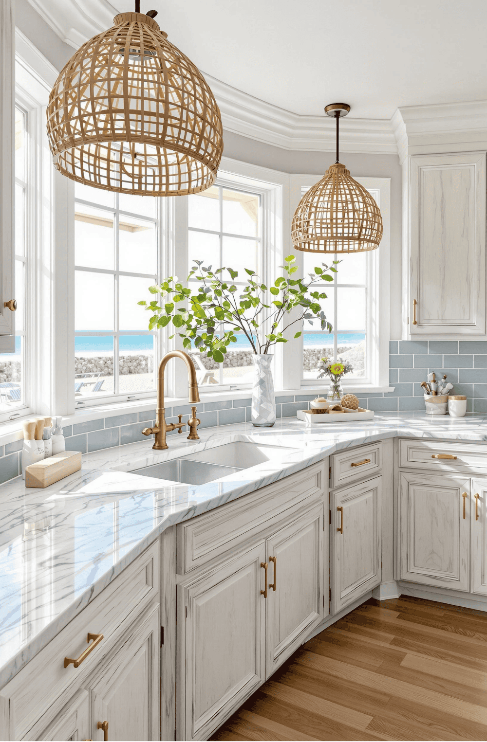 a kitchen with a large window and a sink