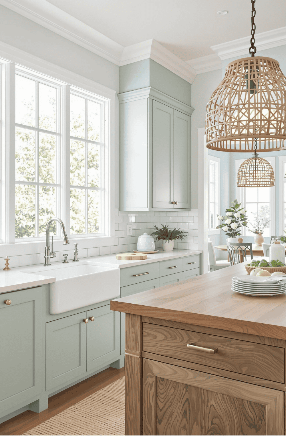 a kitchen with a wooden island in the middle of it