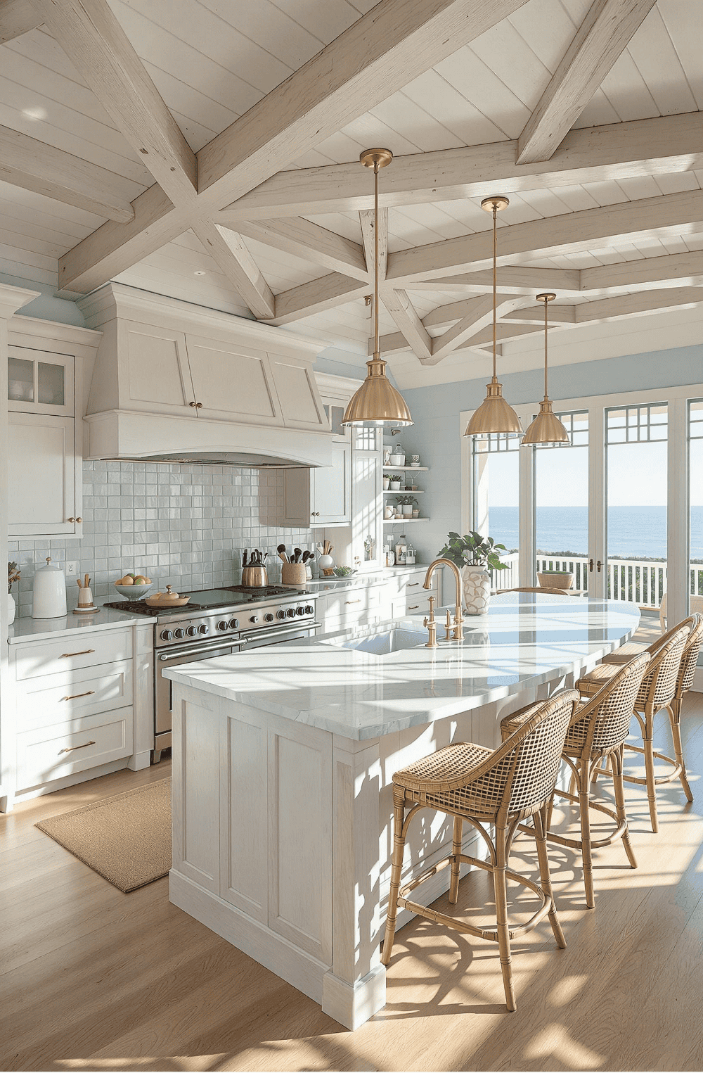 a kitchen with a large center island with chairs
