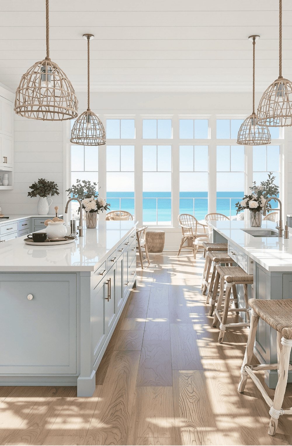 a kitchen with a large window and a view of the ocean