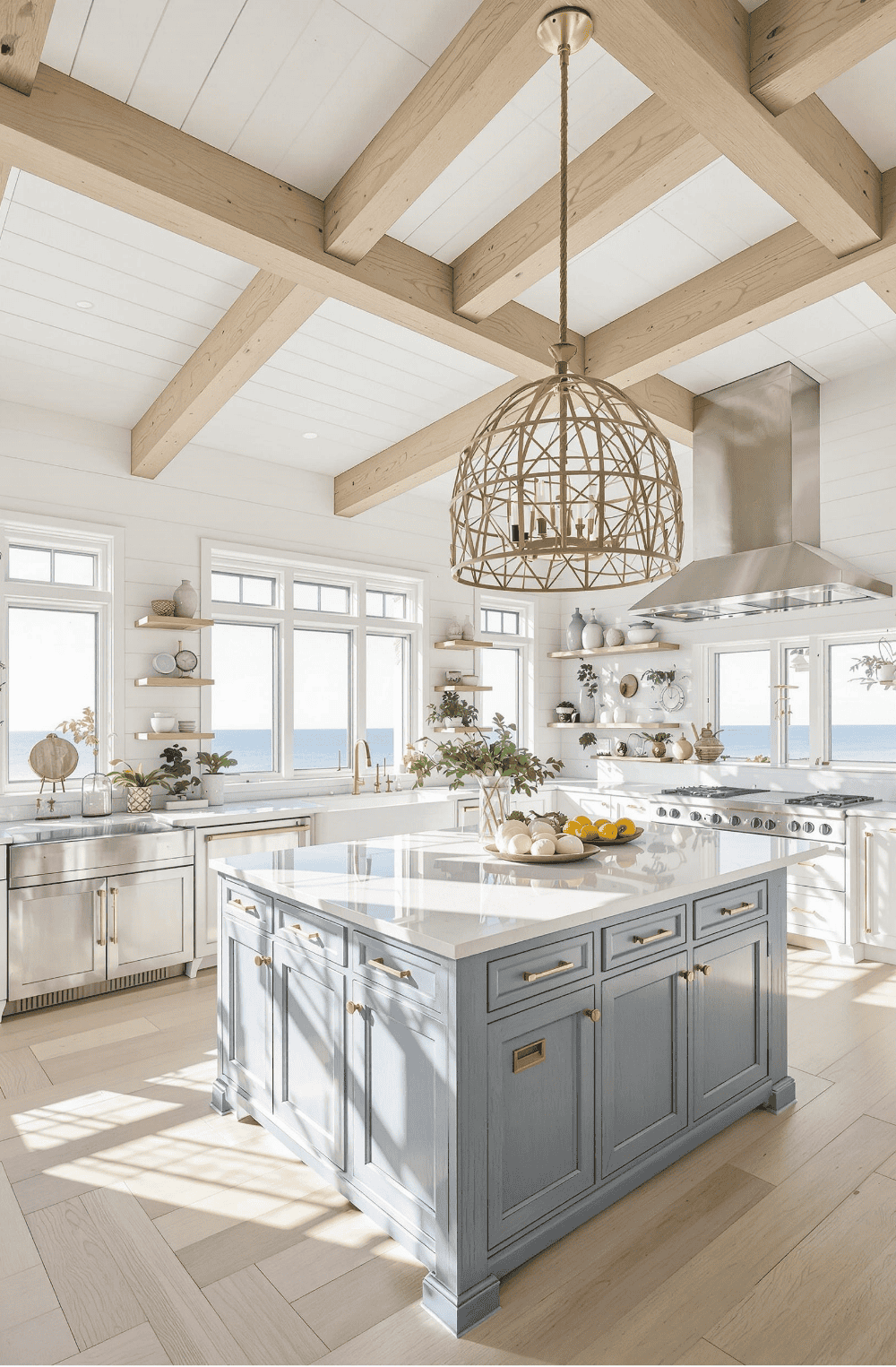a kitchen with a large island in the middle of it