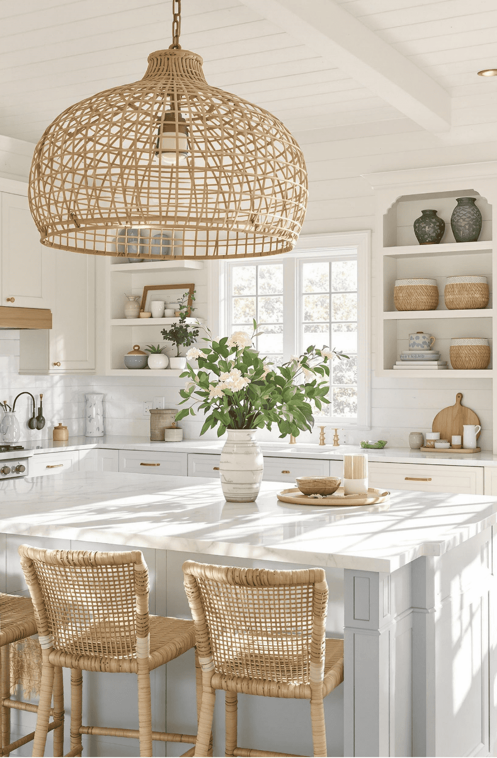 a kitchen with a large island and wicker chairs