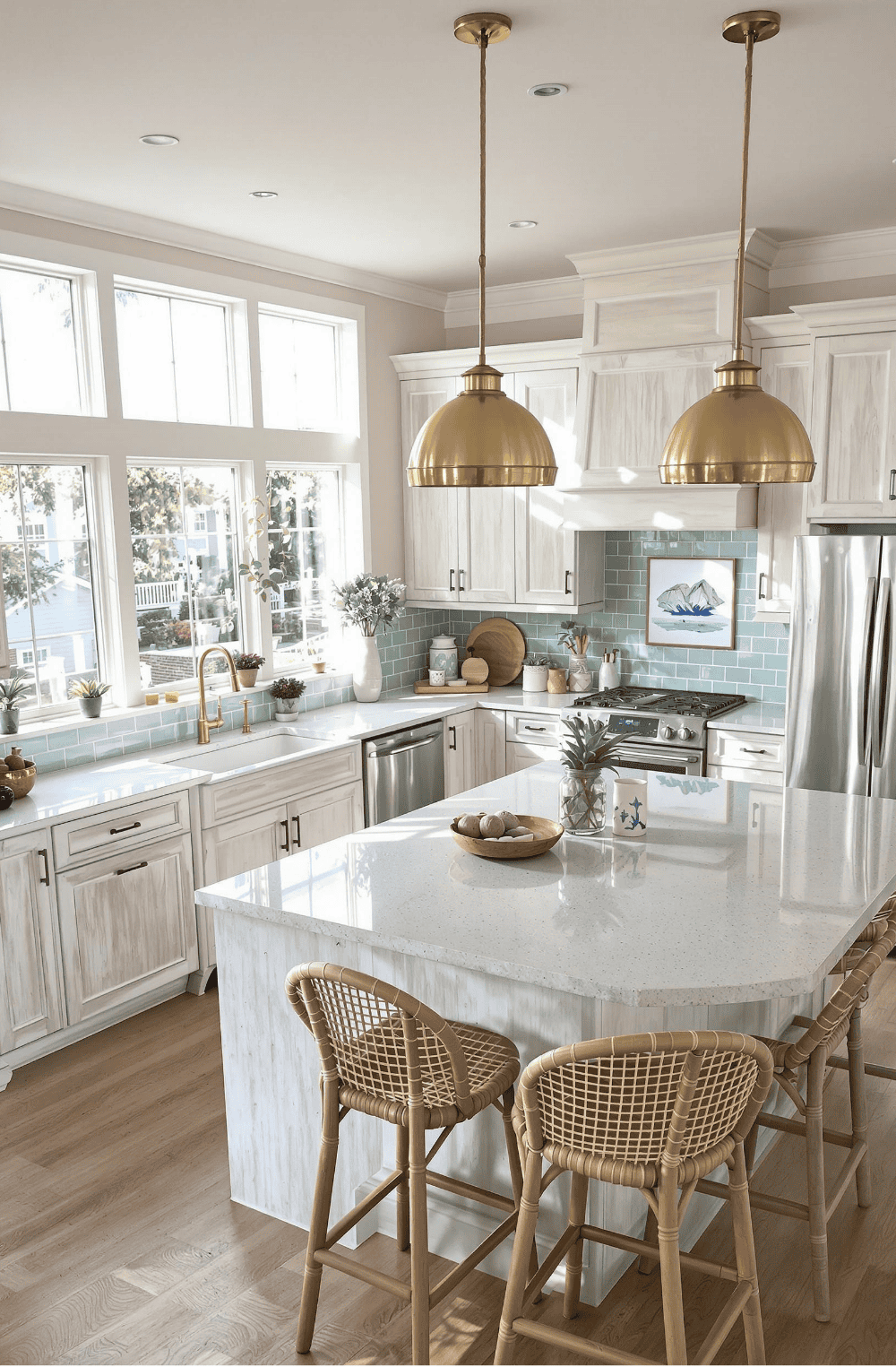 a large kitchen with a center island with chairs