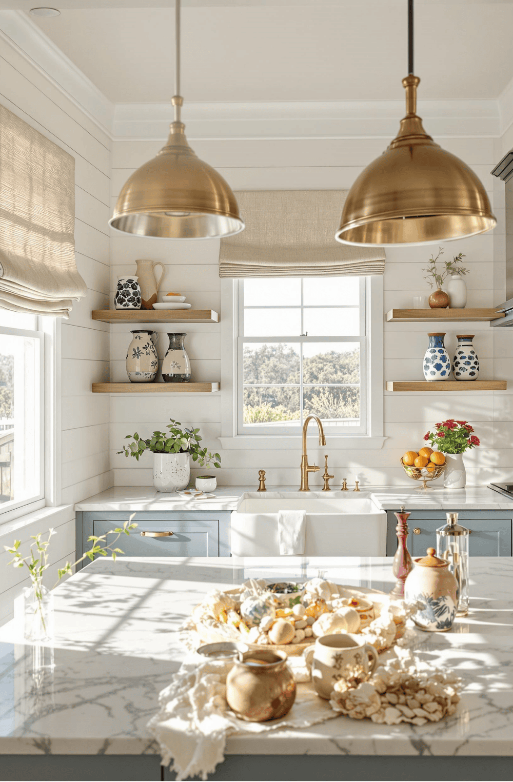 a kitchen with a marble counter top and two hanging lights