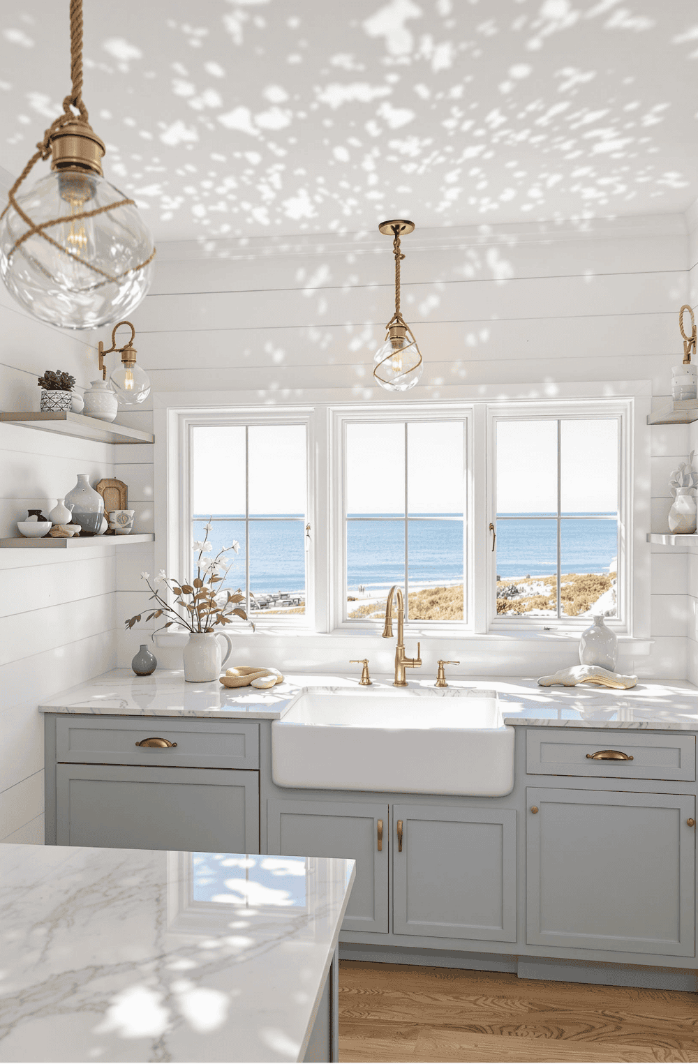 a kitchen with a sink and a large window