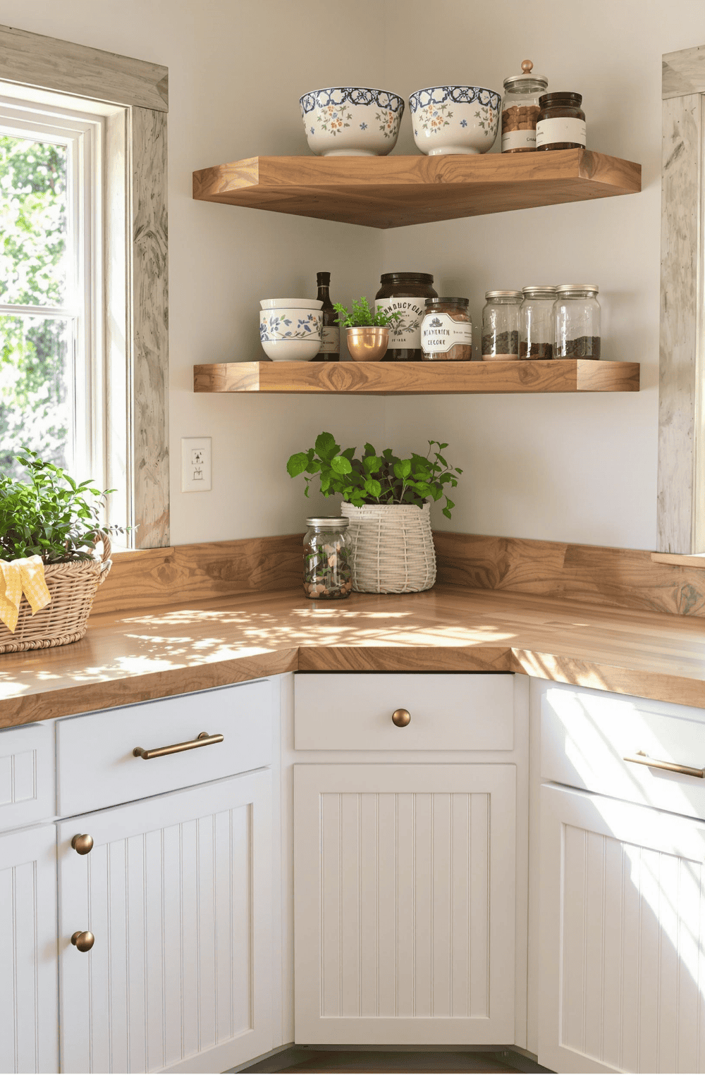 a corner of a kitchen with white cabinets and open shelves