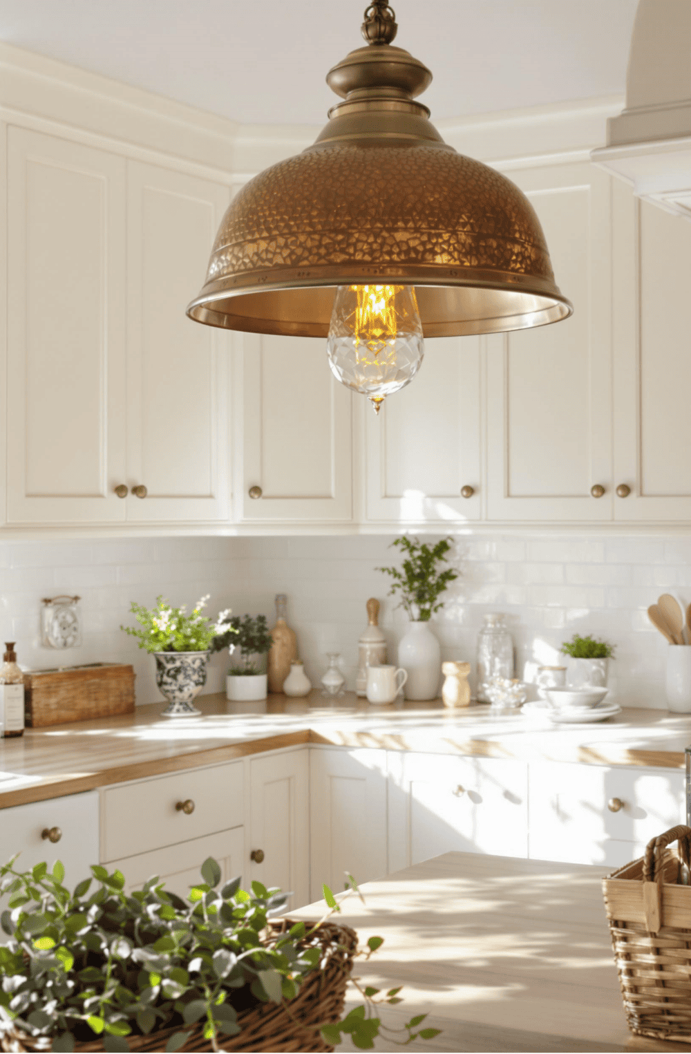 a kitchen with a light hanging from the ceiling
