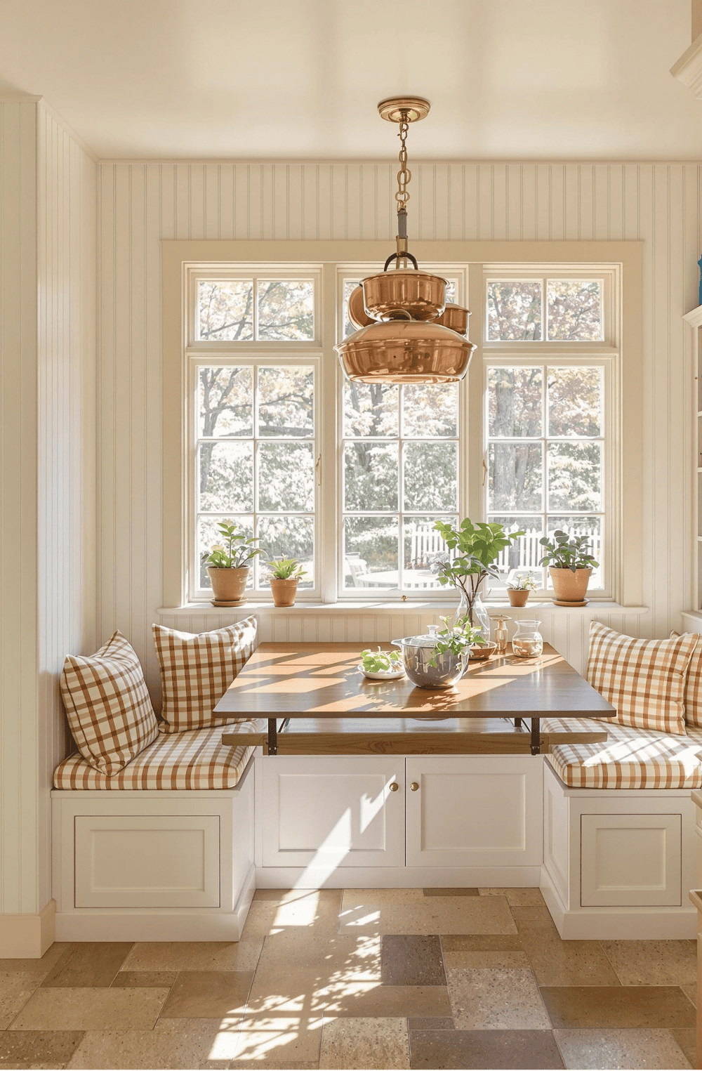 a kitchen with a table and a bench in it