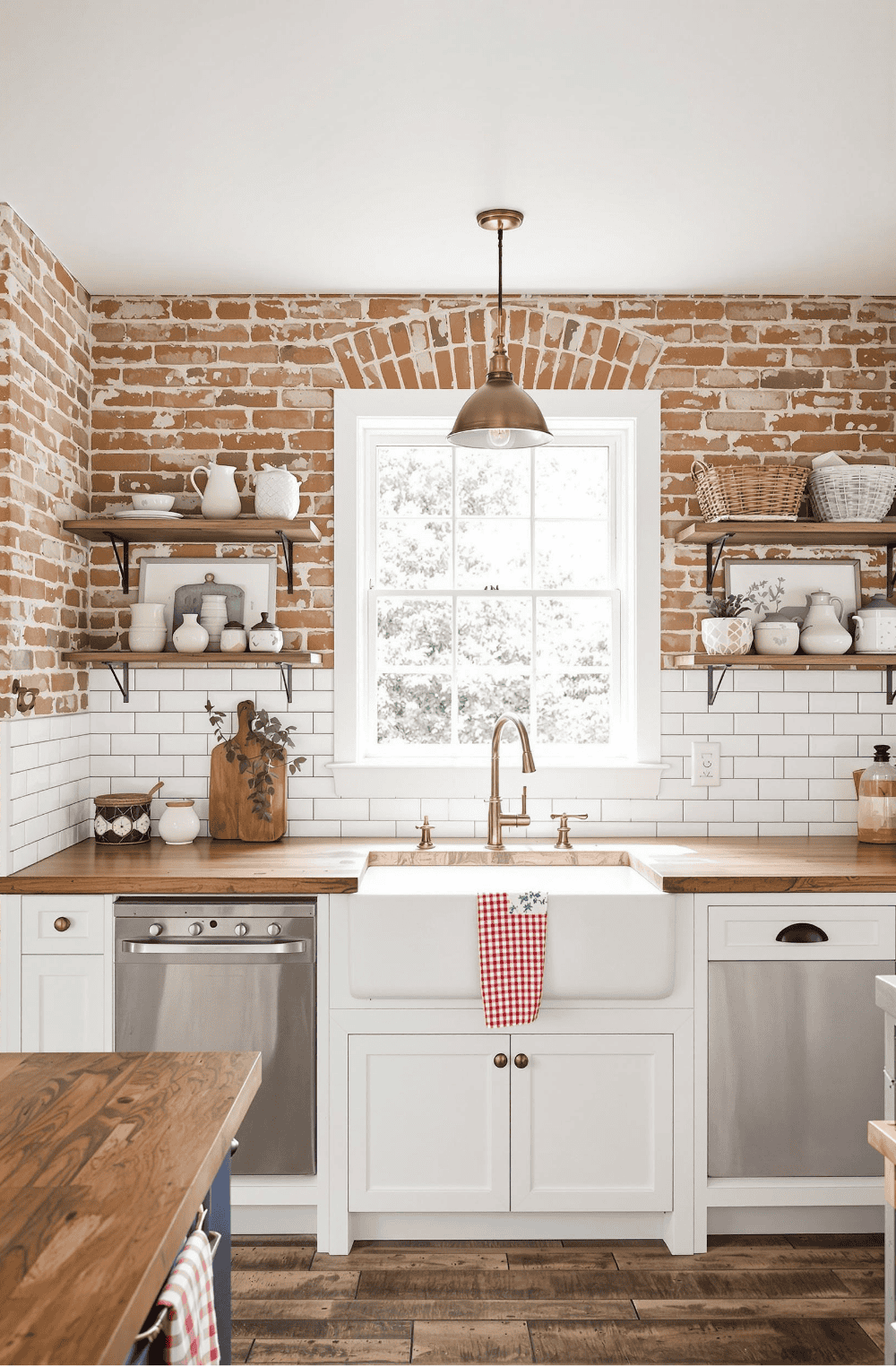 a kitchen with brick walls and white cabinets
