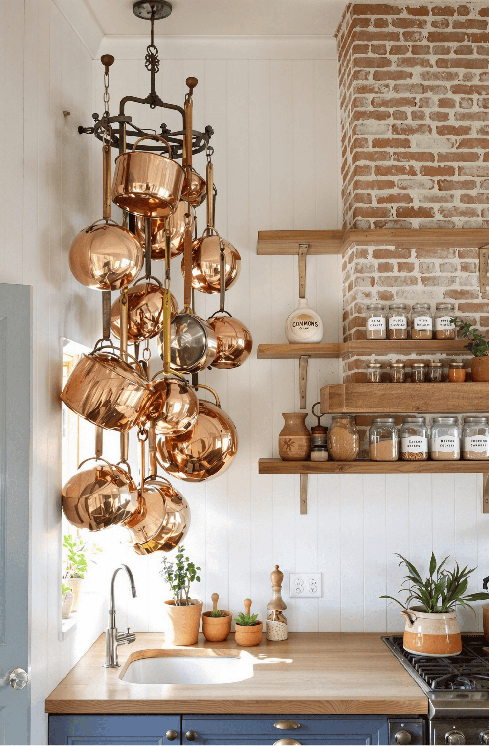 a kitchen with a brick wall and shelves filled with pots and pans