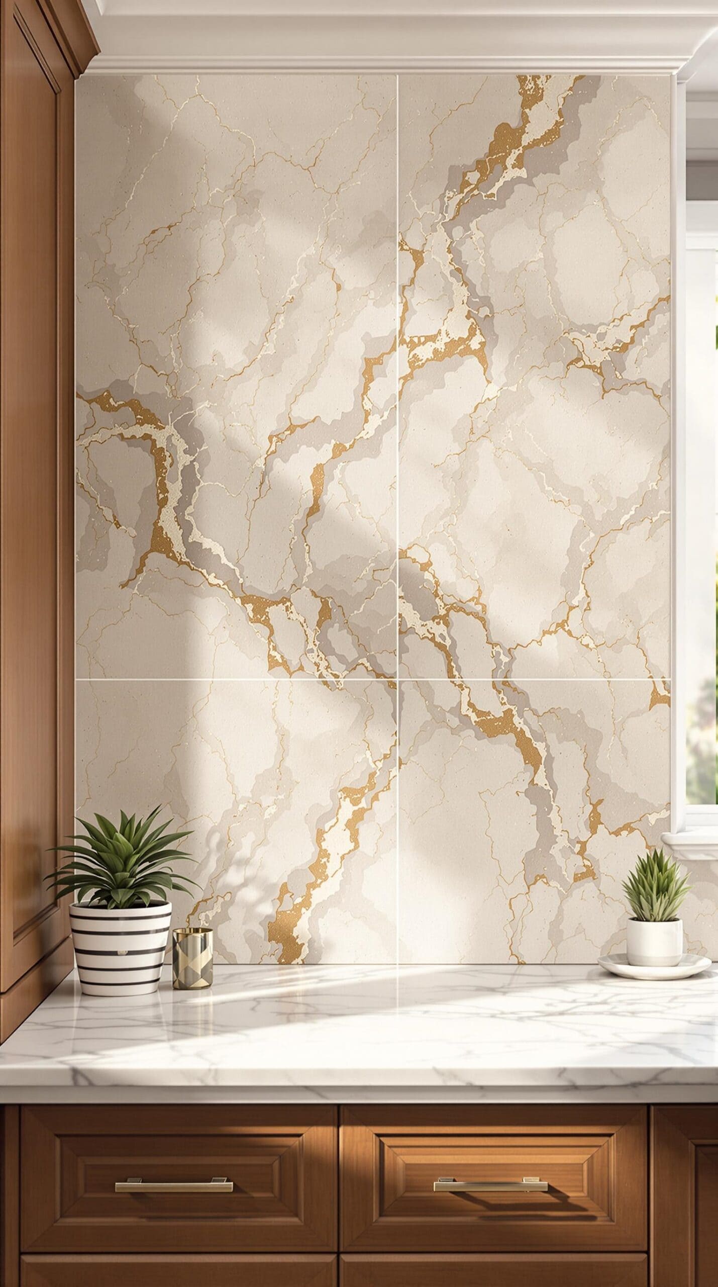 a kitchen with a marble counter top and wooden cabinets