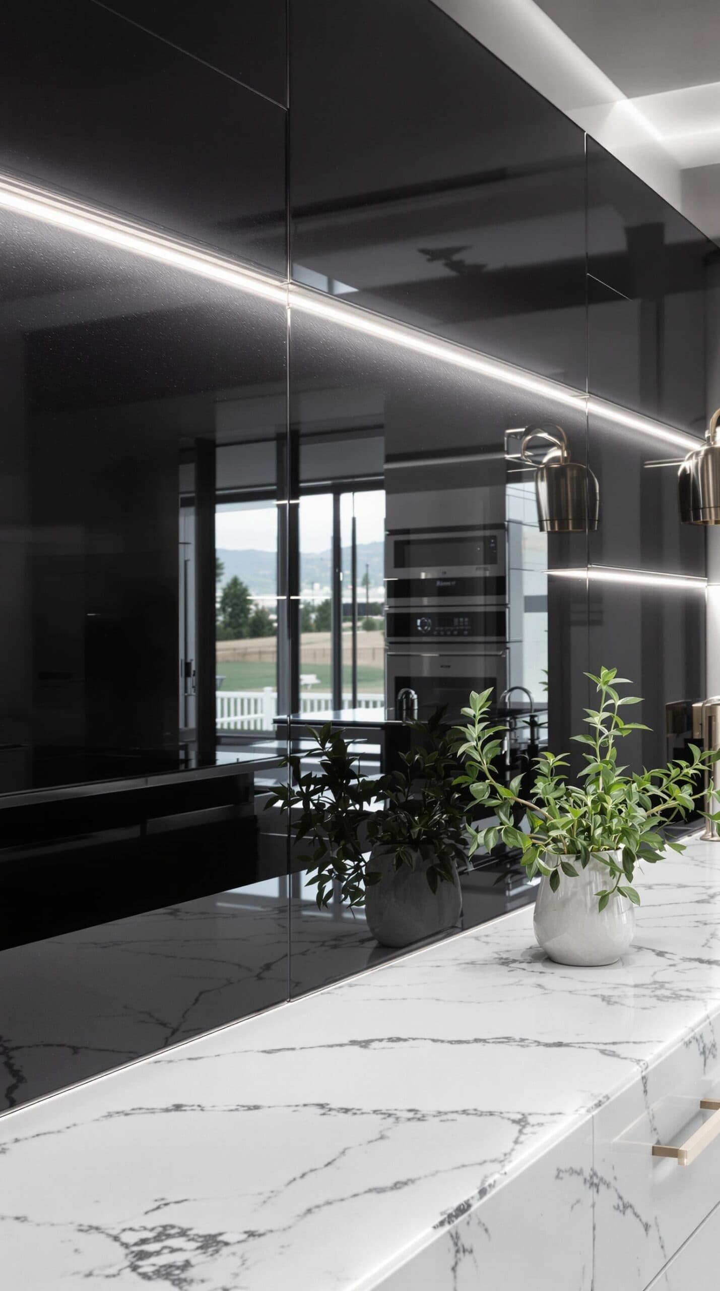 a marble counter top with a plant in a vase