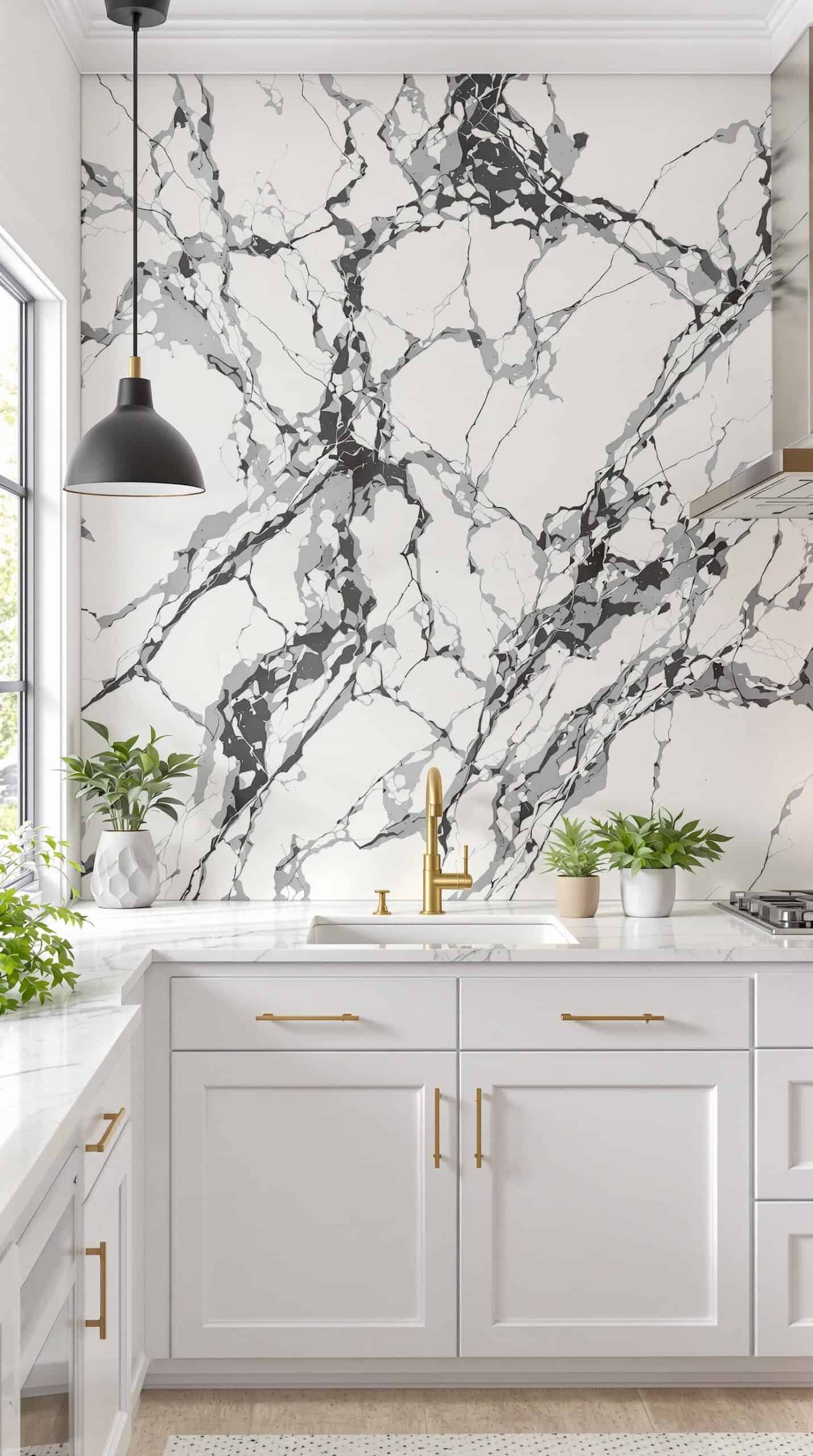a kitchen with a marble wall and white cabinets