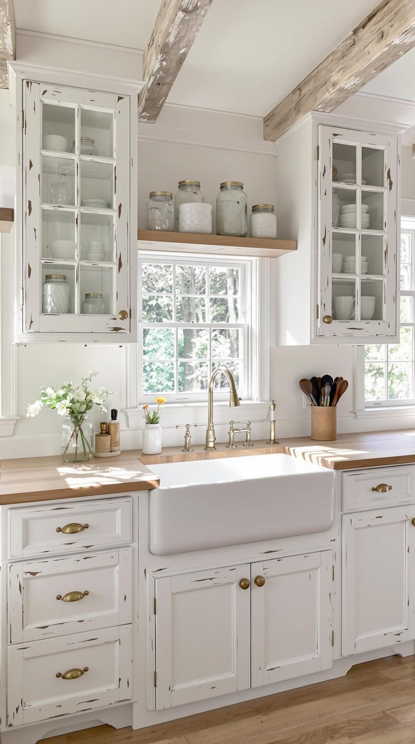 a kitchen with white cabinets and wooden floors