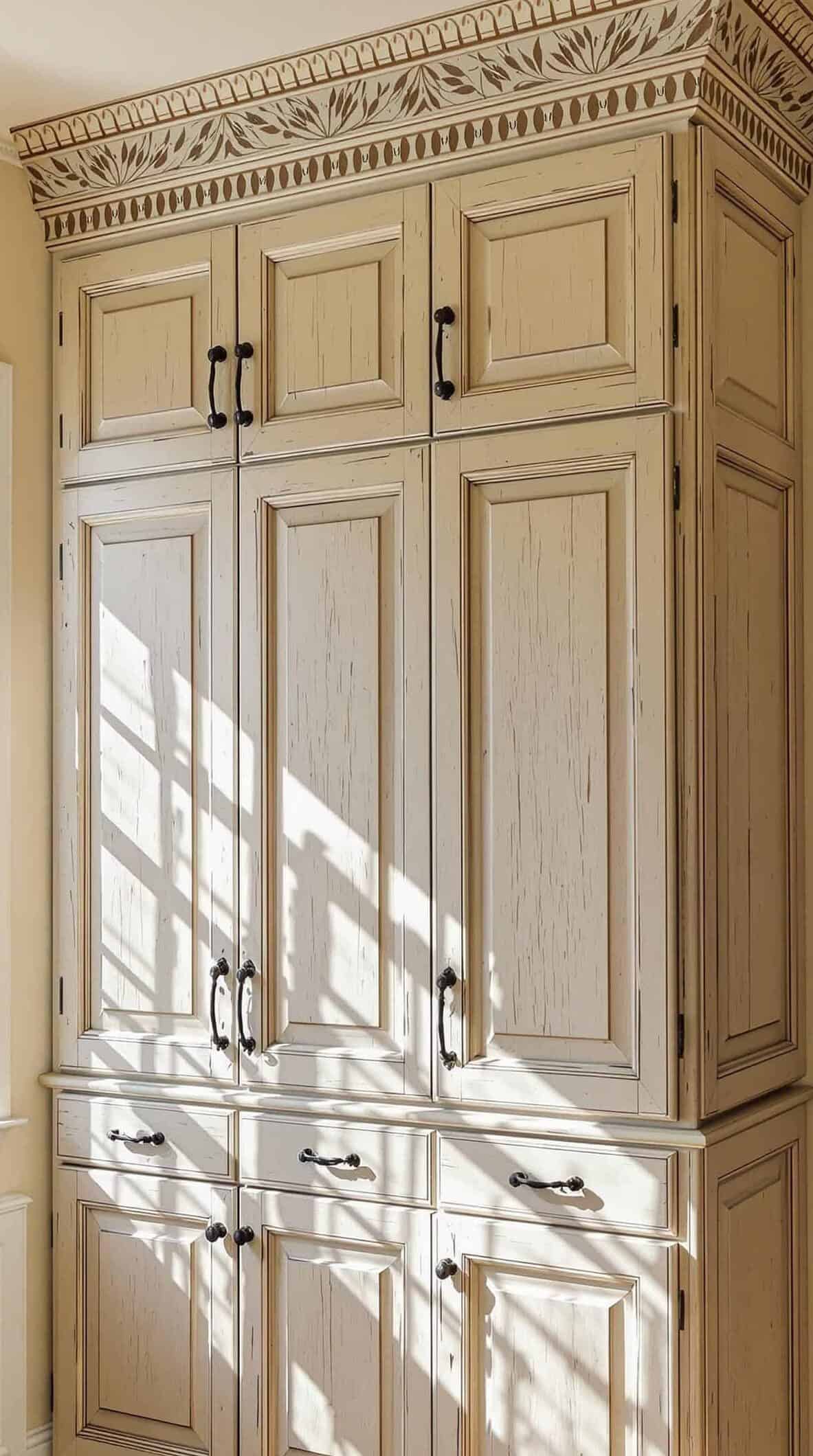 a large white cabinet in a room with wood floors