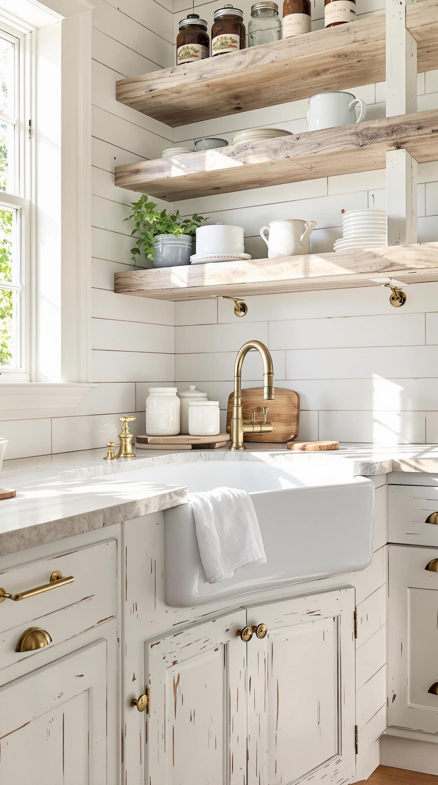 a kitchen with white cabinets and wooden shelves