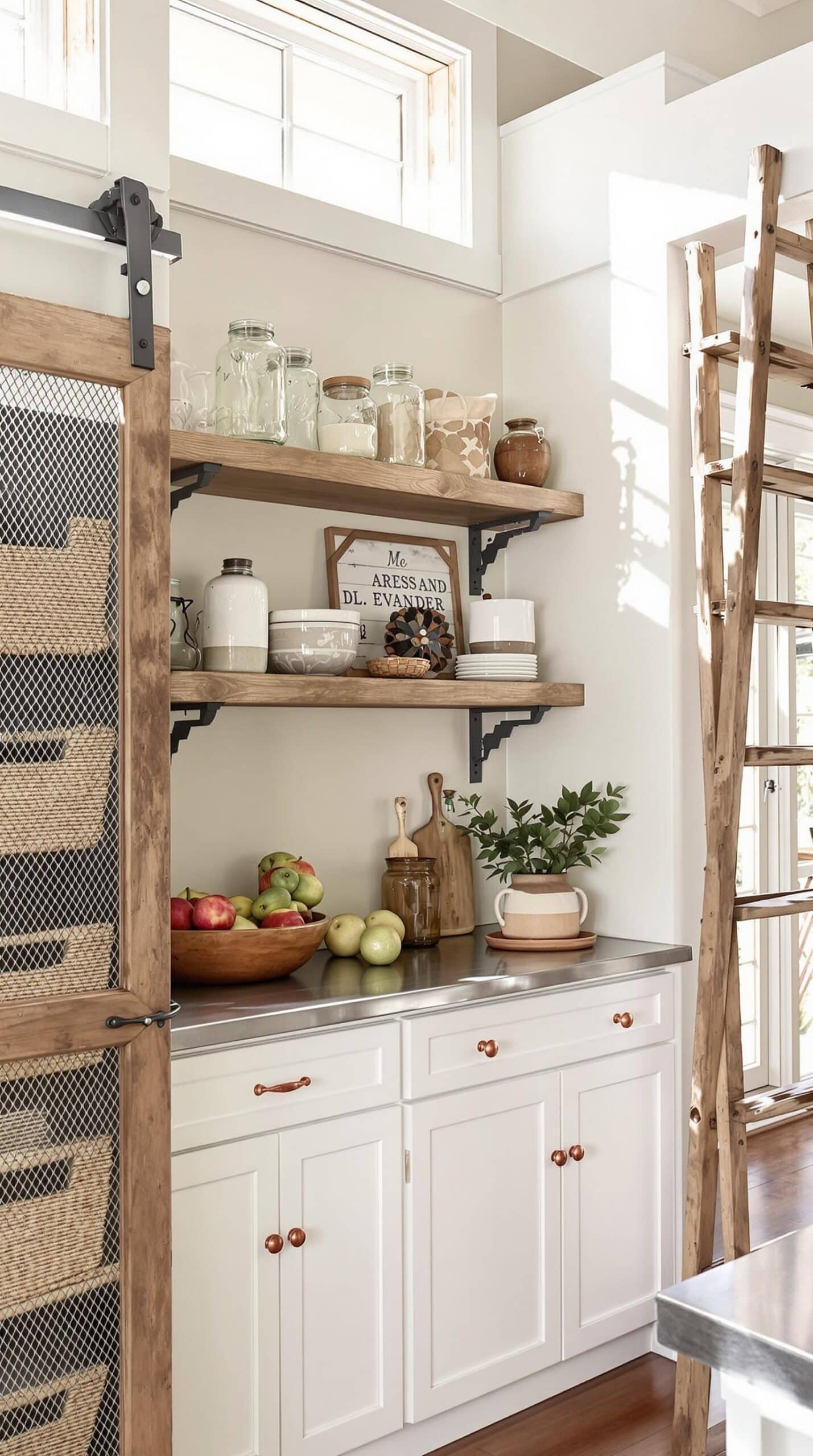 a kitchen with white cabinets and open shelves