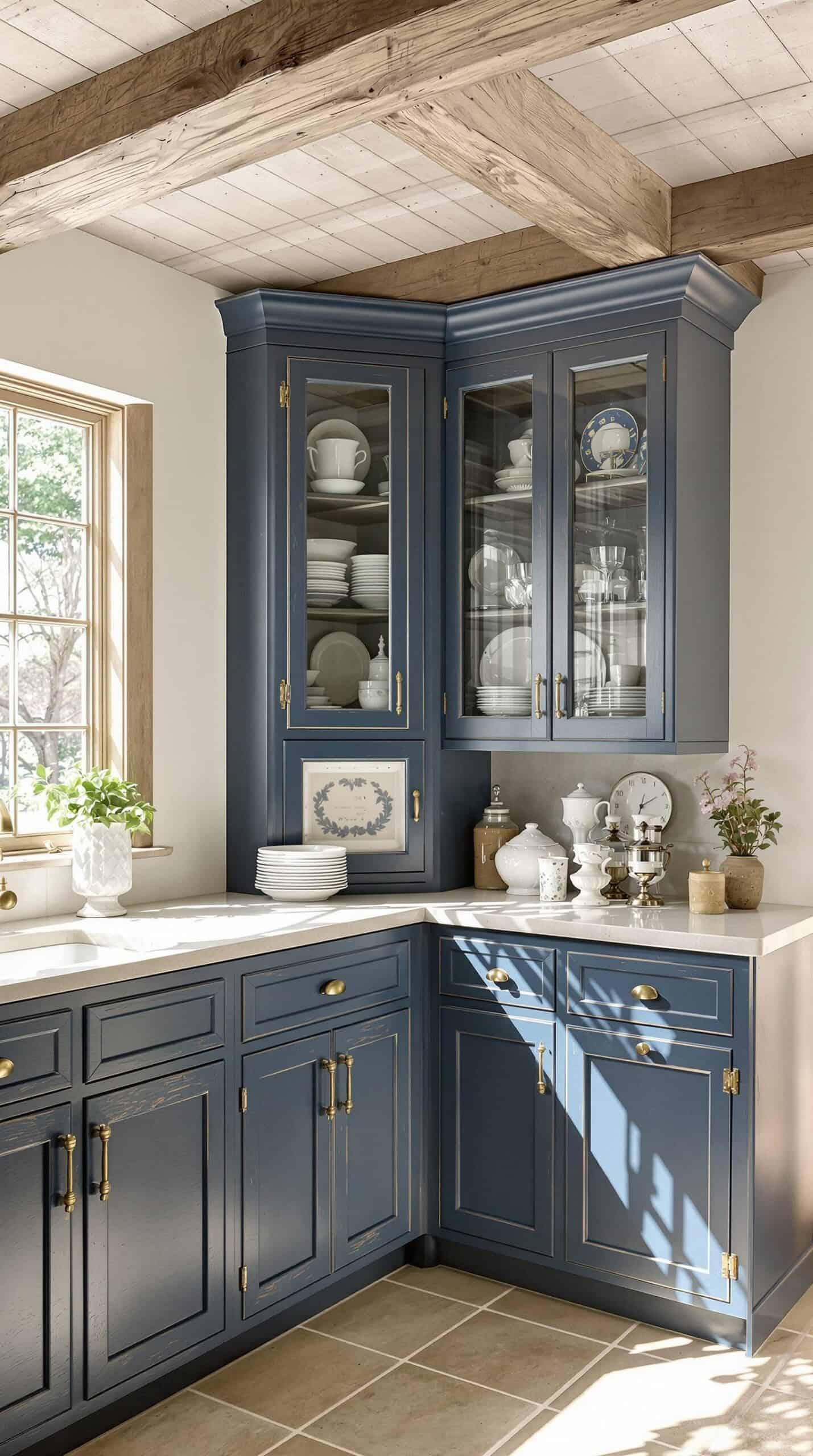a kitchen with blue cabinets and white counter tops