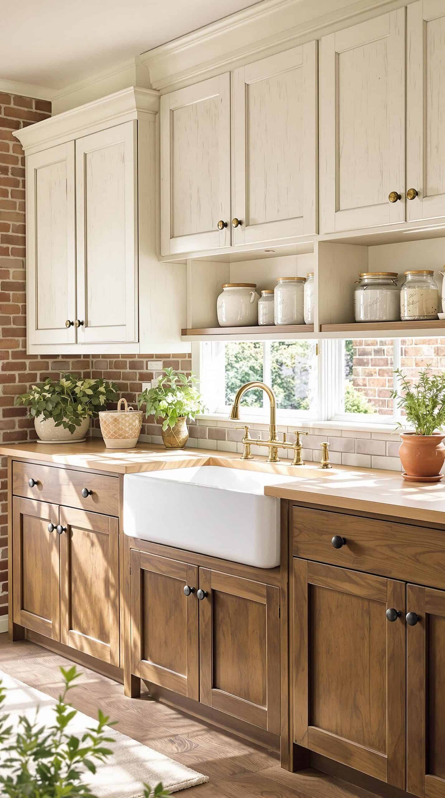 a kitchen with wooden cabinets and a white sink
