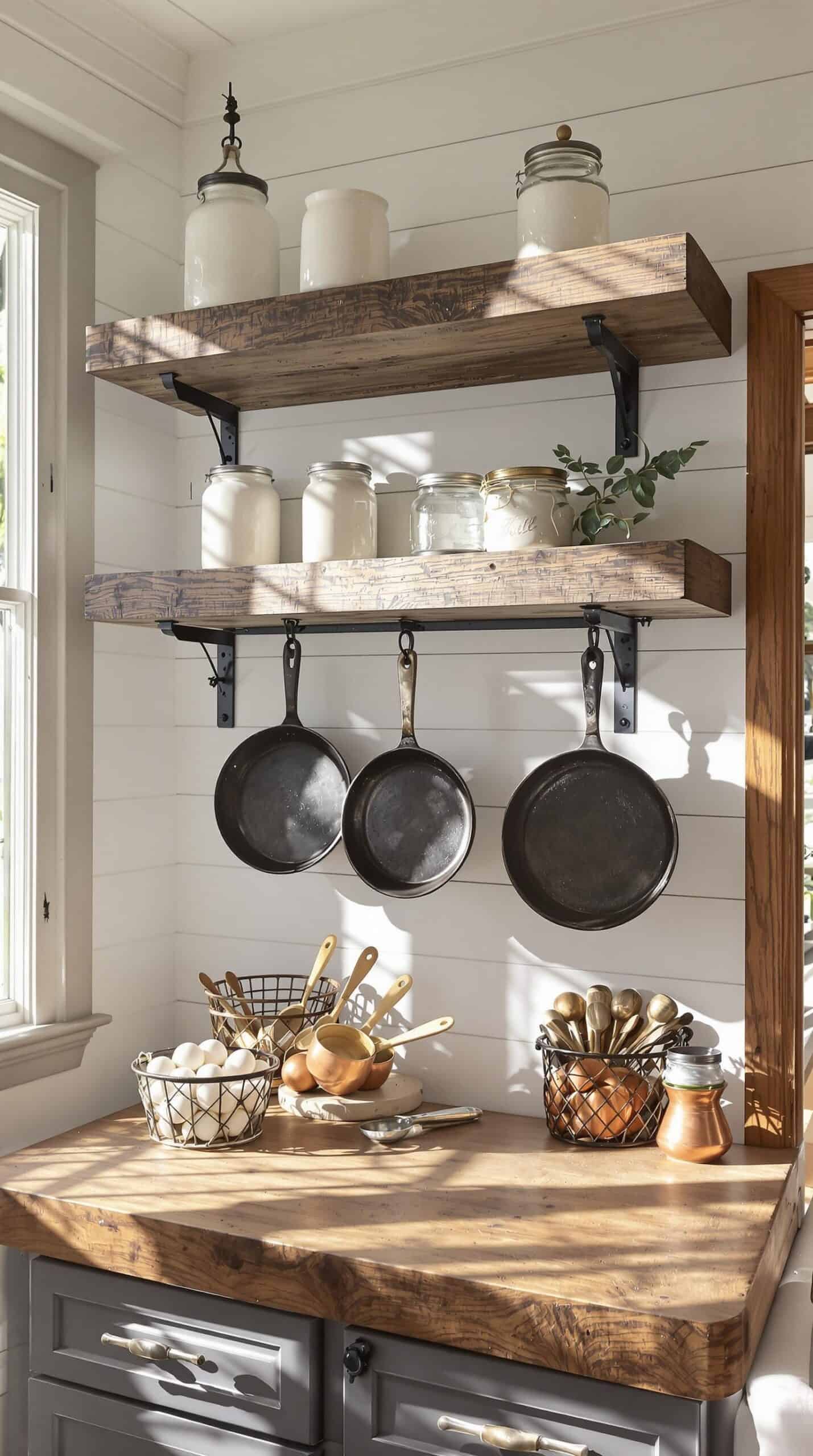 a kitchen counter with pots and pans on it
