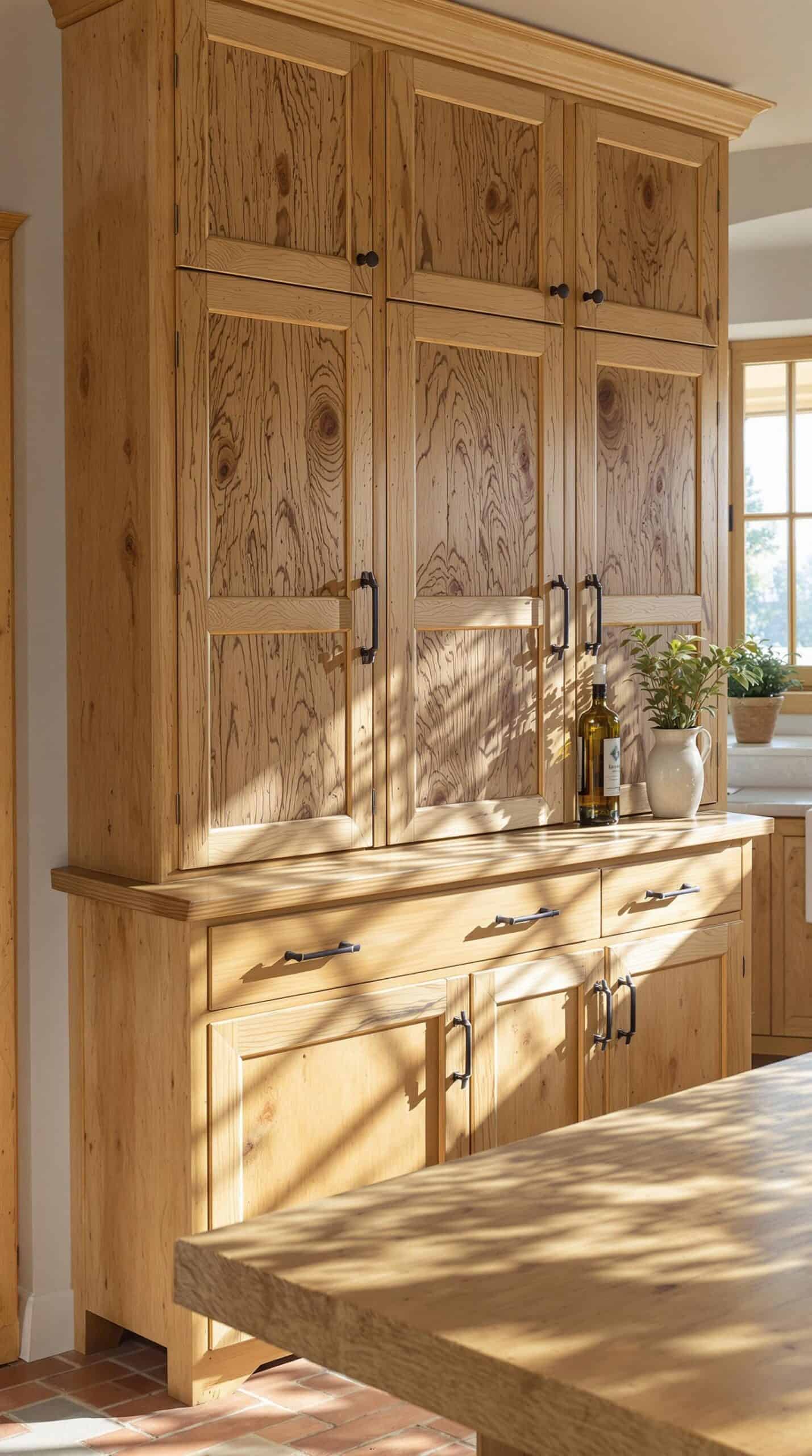 a kitchen with wooden cabinets and a wooden table