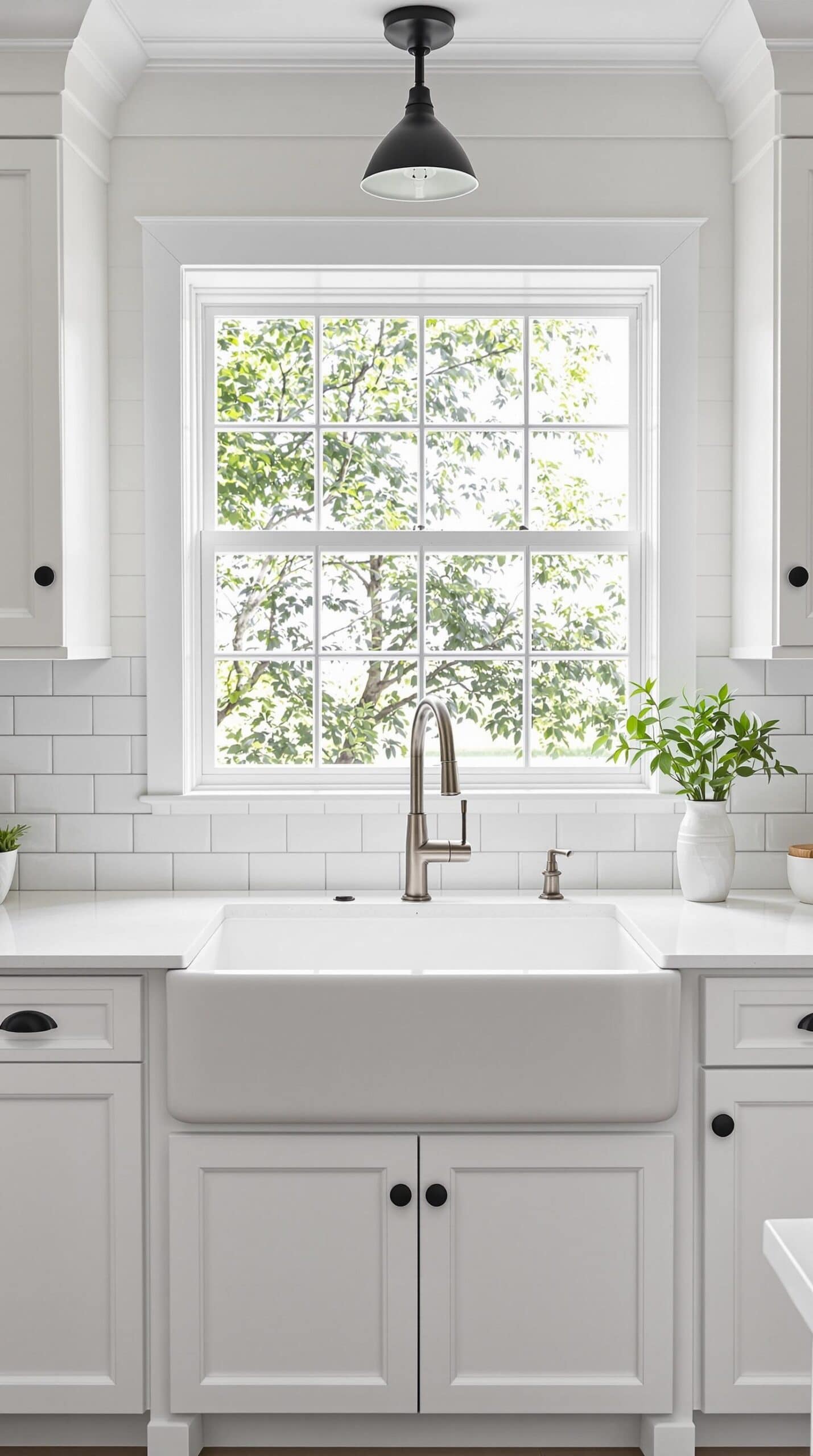 a kitchen with white cabinets and a window