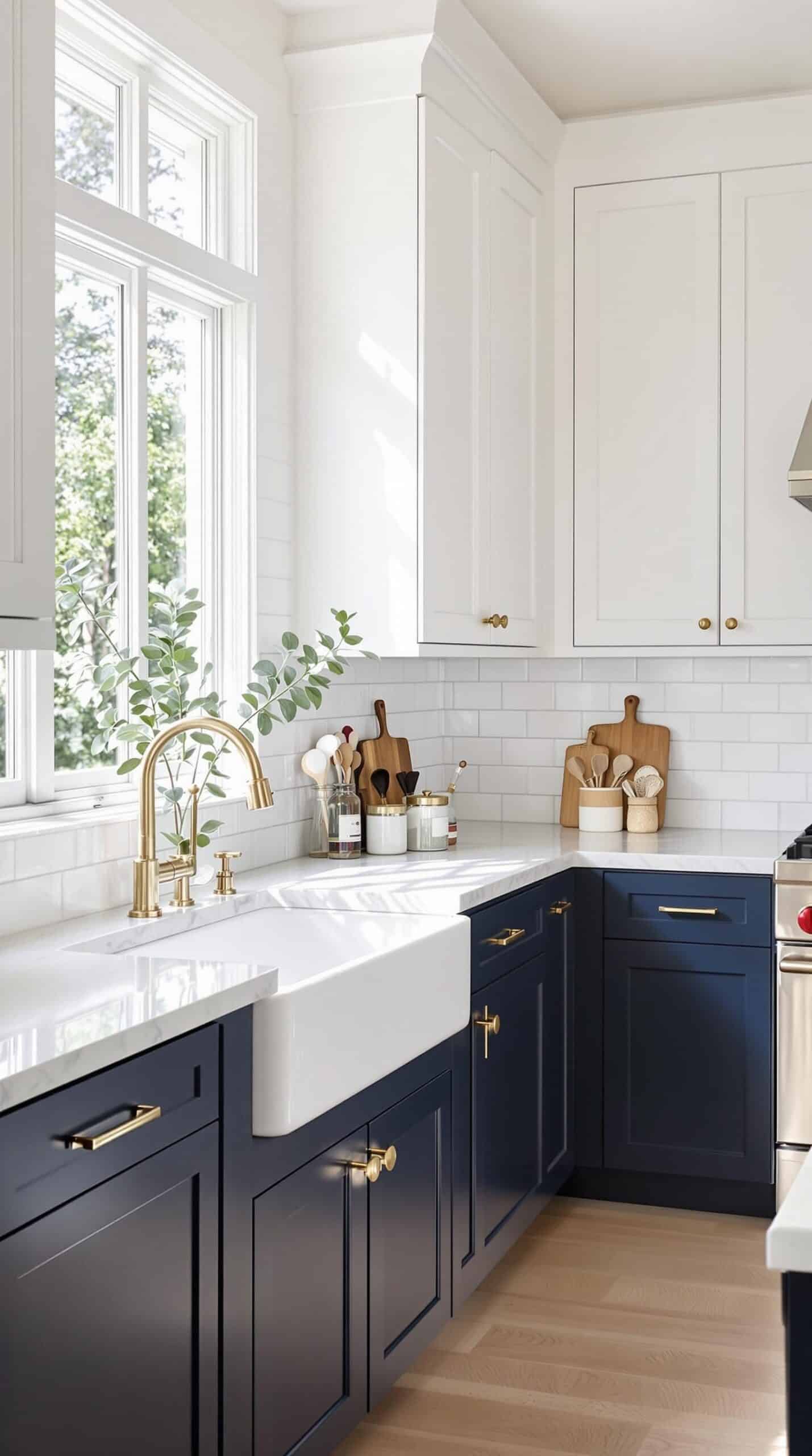 a kitchen with blue cabinets and white counter tops