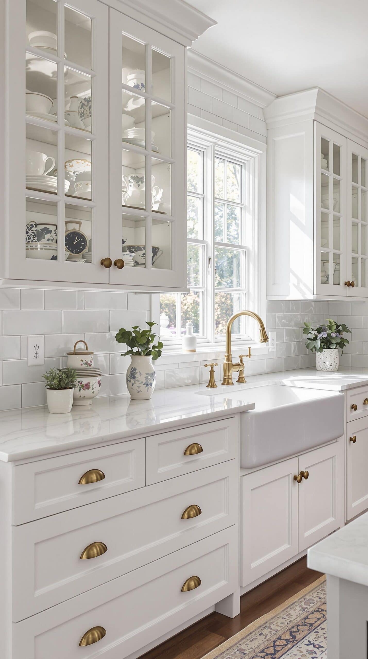 a kitchen with white cabinets and a gold faucet