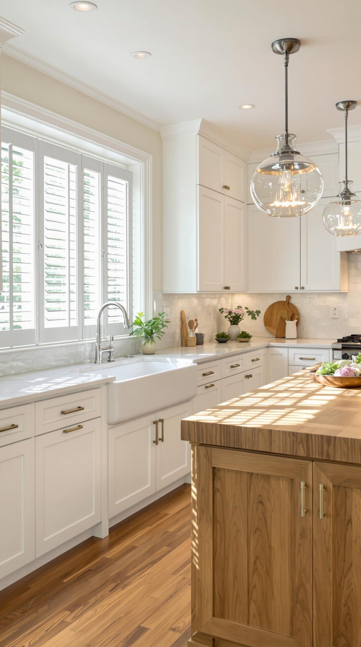 a kitchen with white cabinets and a wooden island