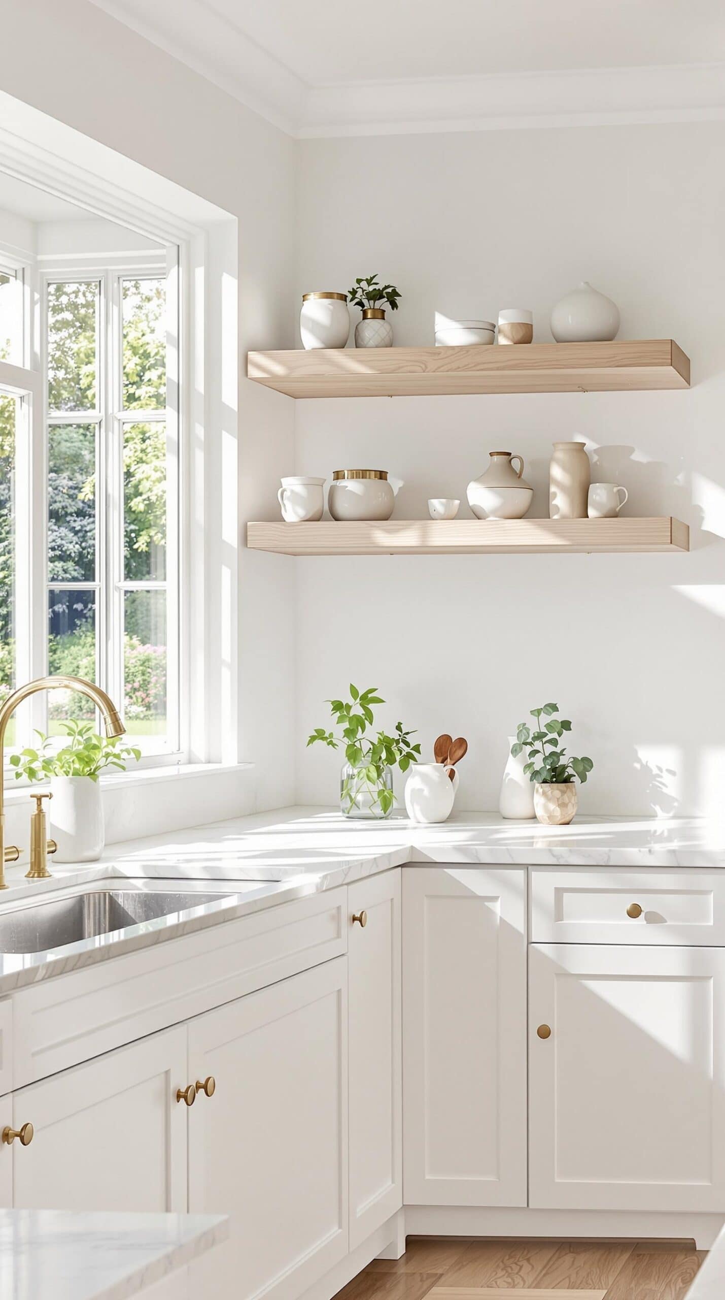 a kitchen with white cabinets and shelves filled with dishes