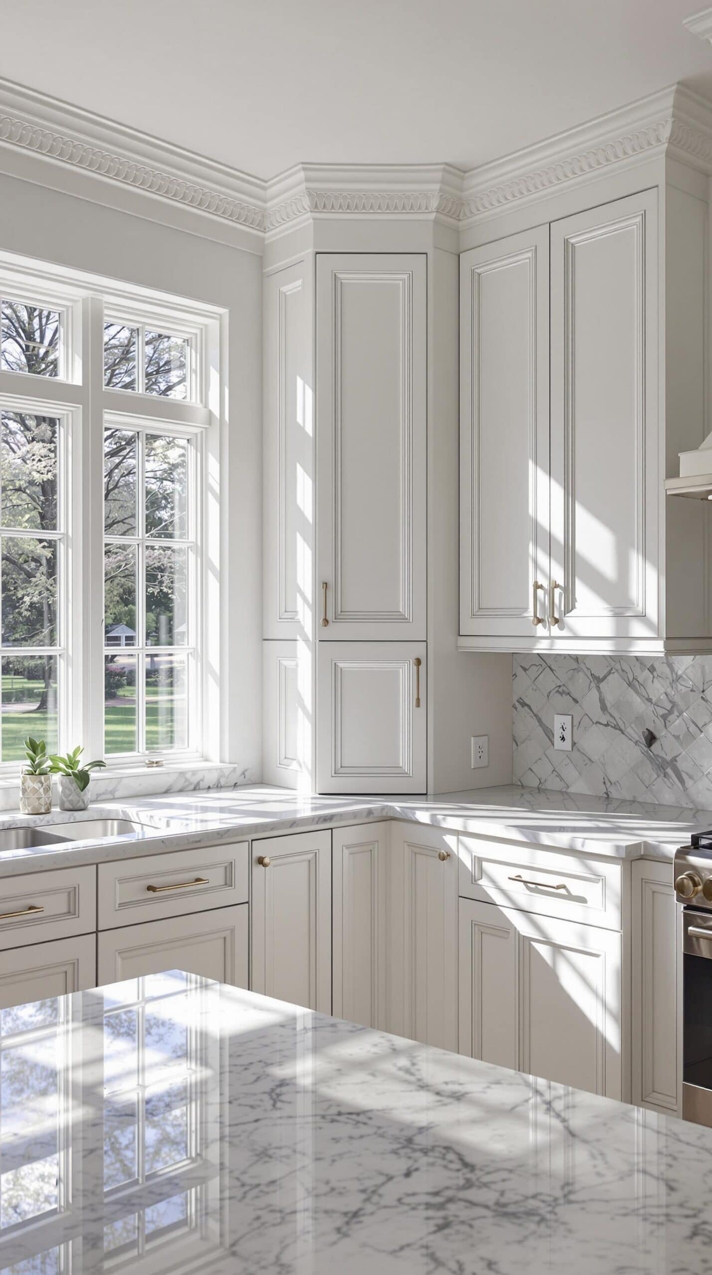 a kitchen with marble counter tops and white cabinets