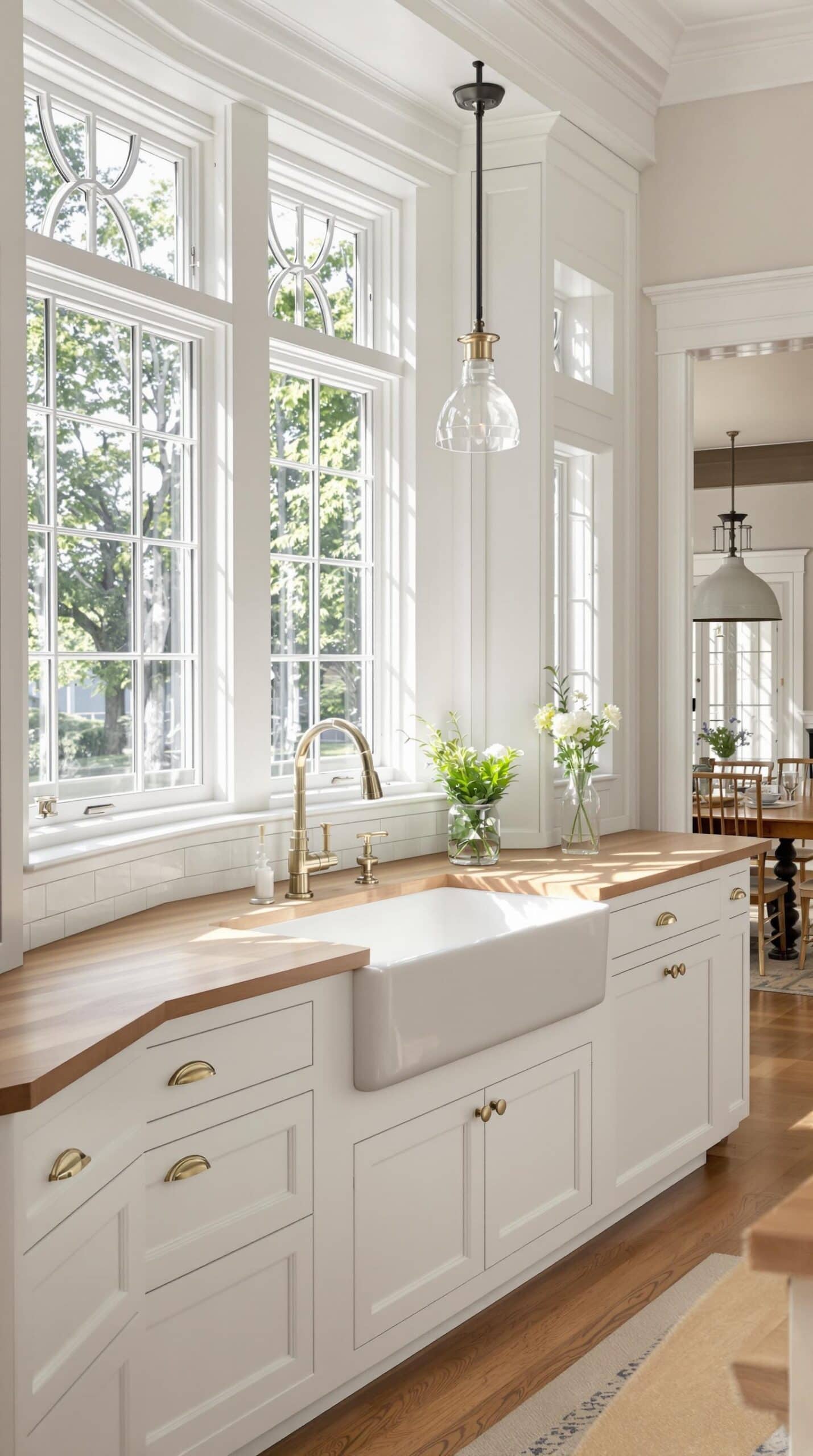 a kitchen with a sink and a large window