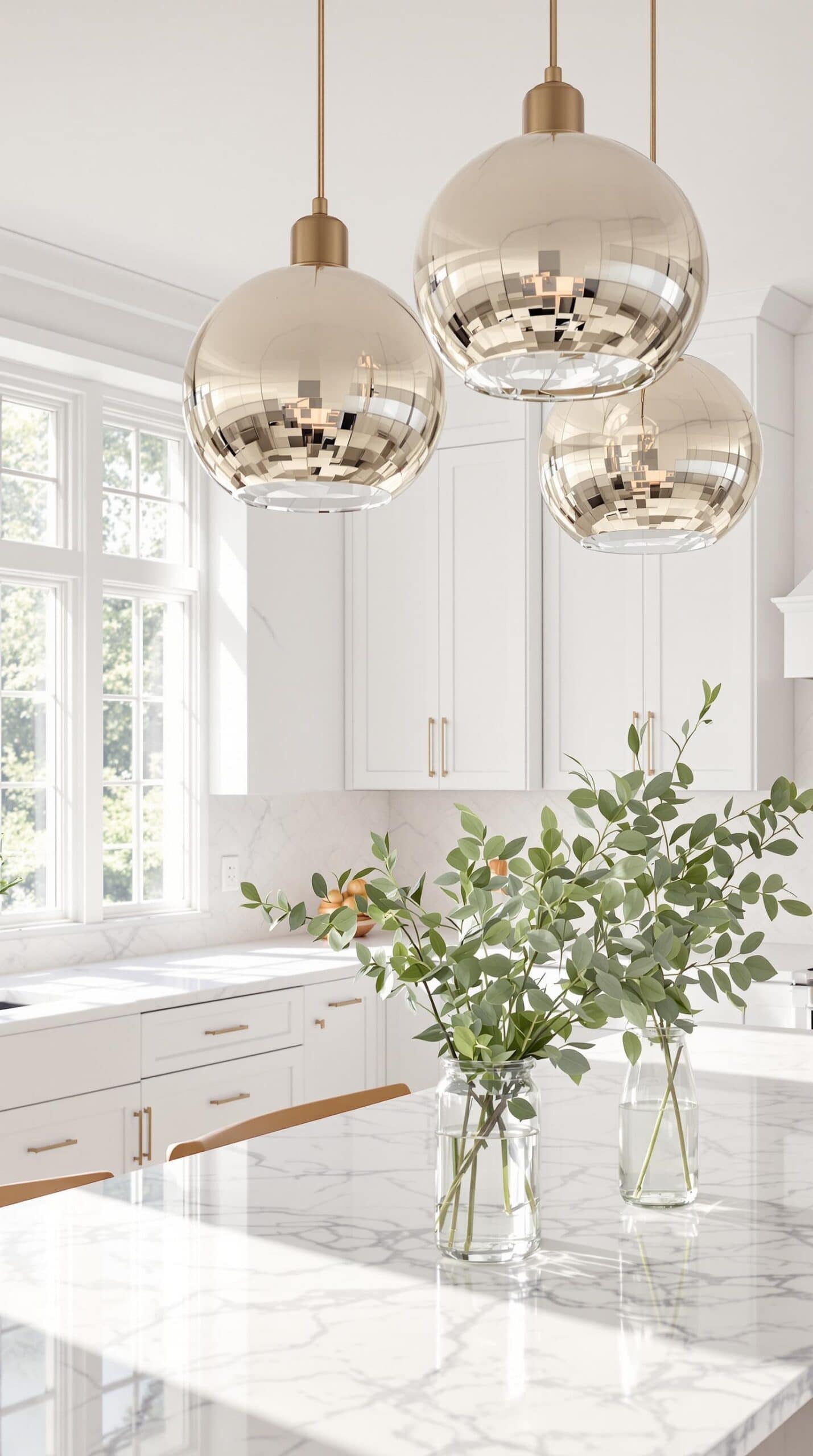 a kitchen with a marble counter top and three hanging lights