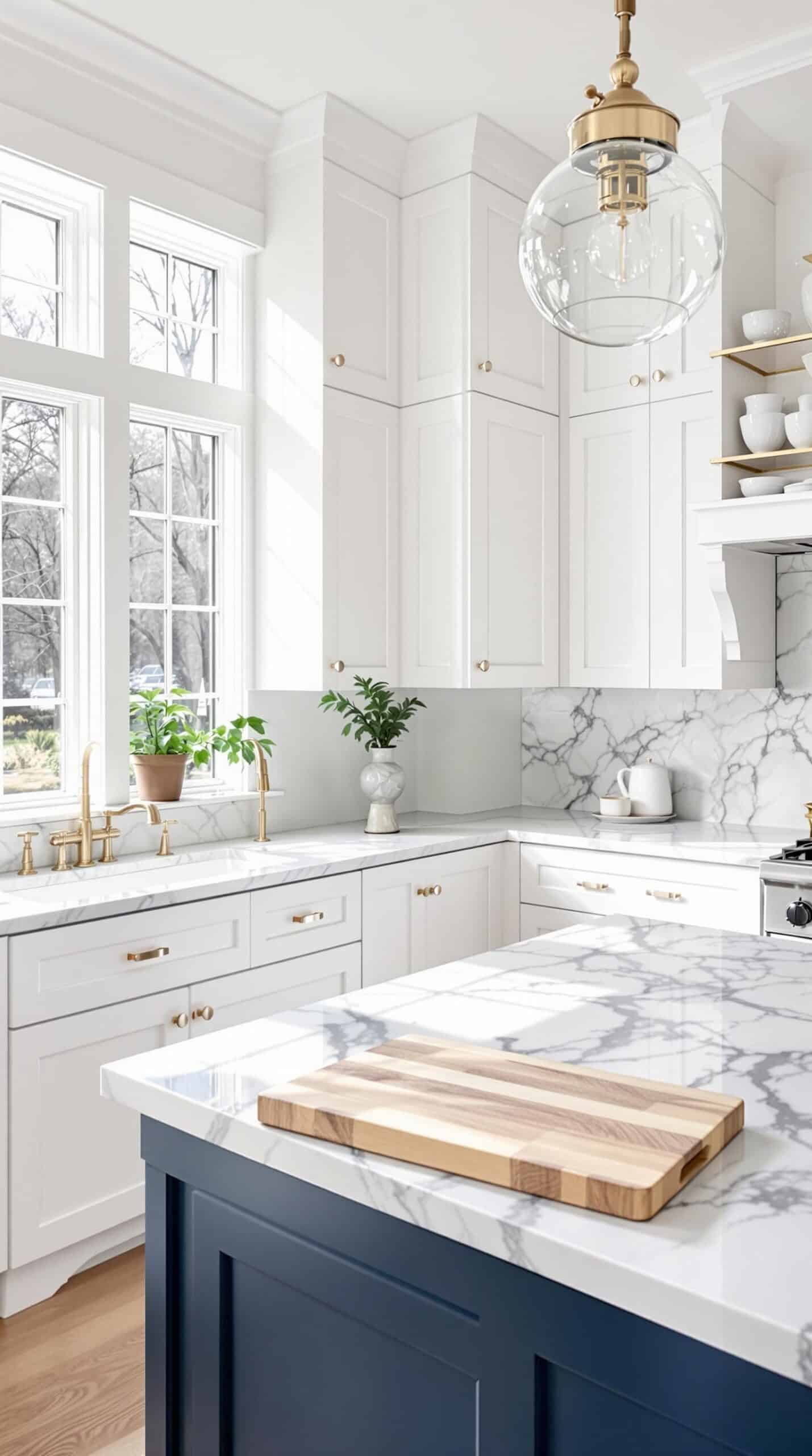 a kitchen with marble counter tops and white cabinets
