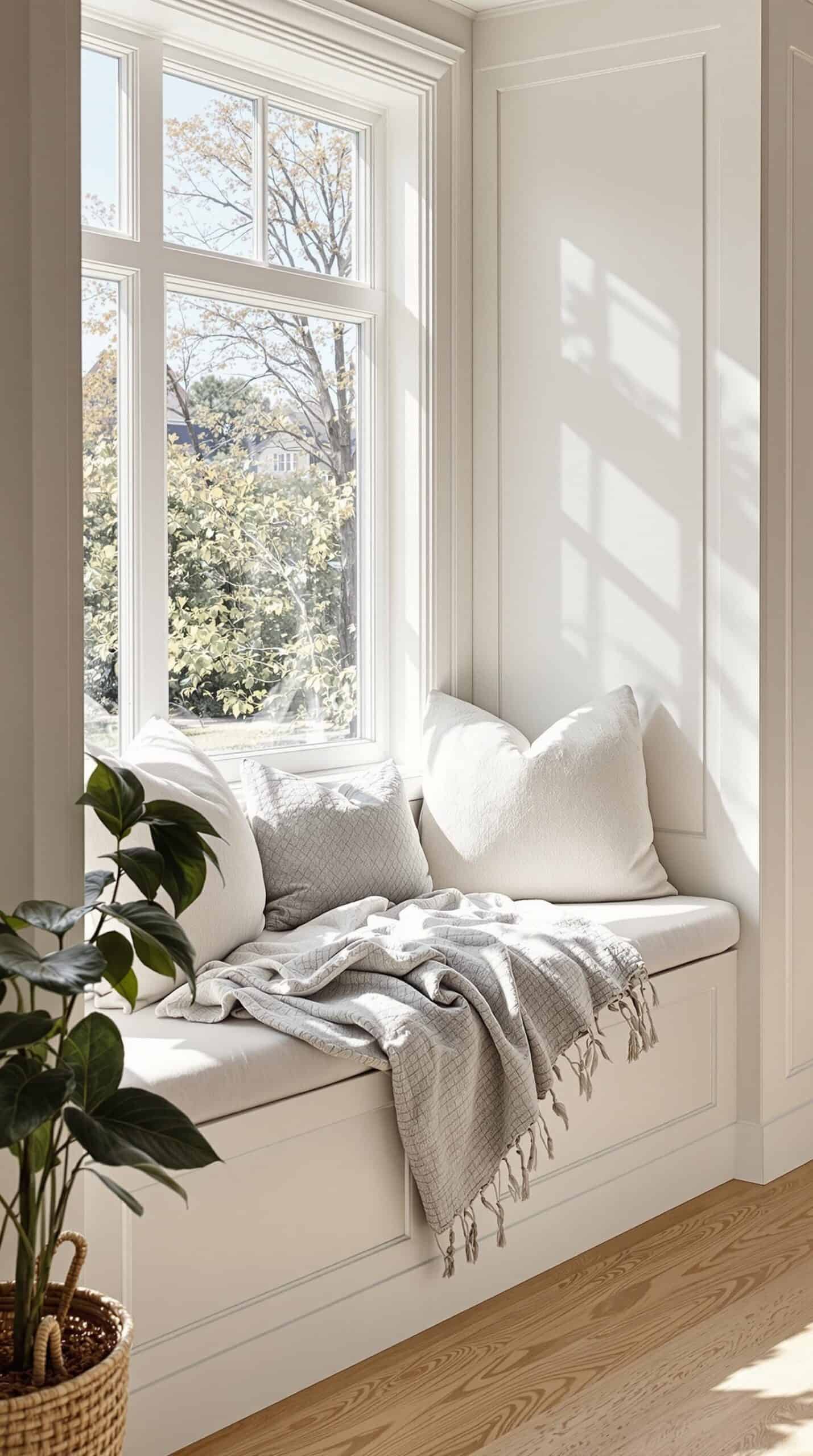 a white window seat with a blanket on top of it